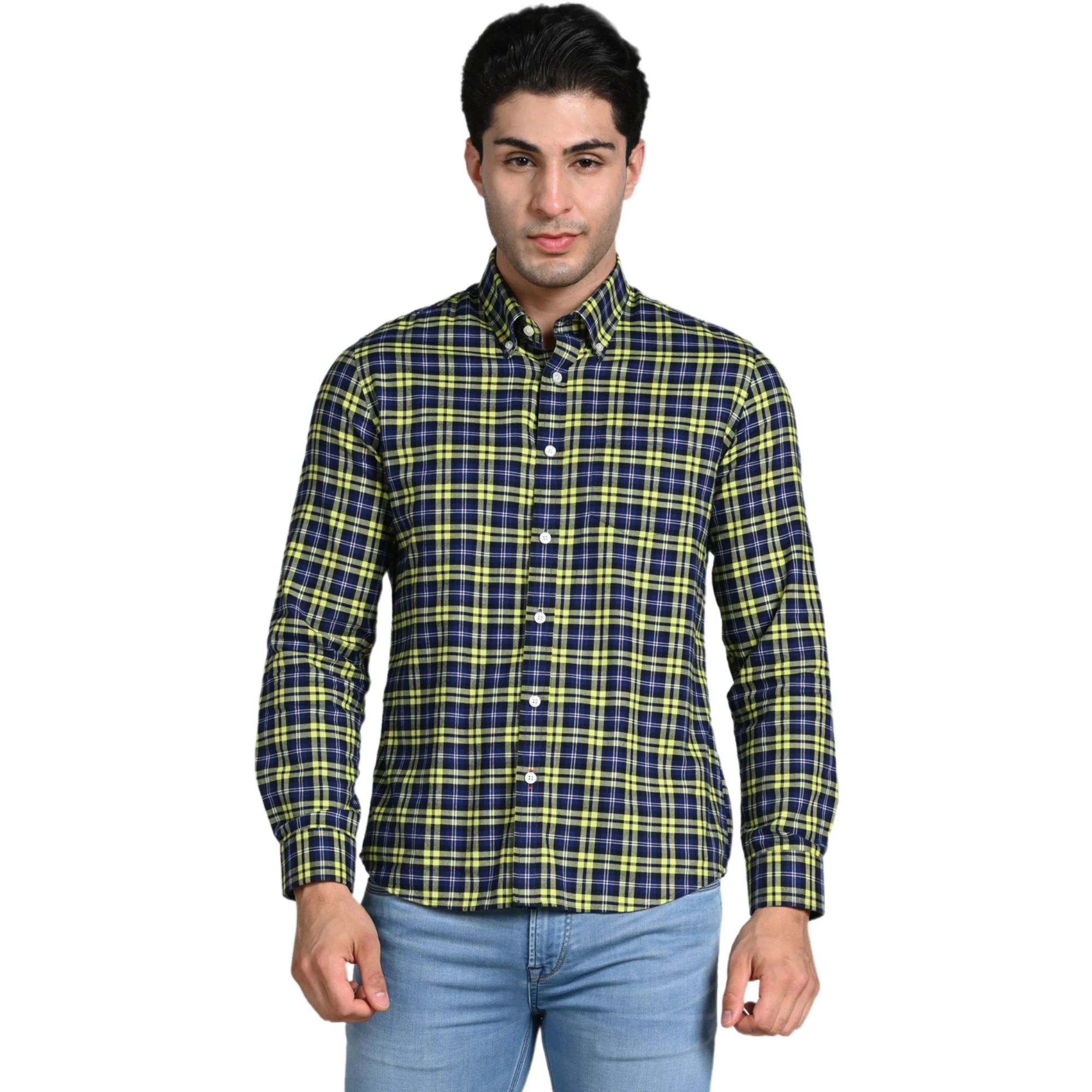 Full Sleeves Slim Fit Neon Green Button-Down Oxford Checks Shirt - Image 4