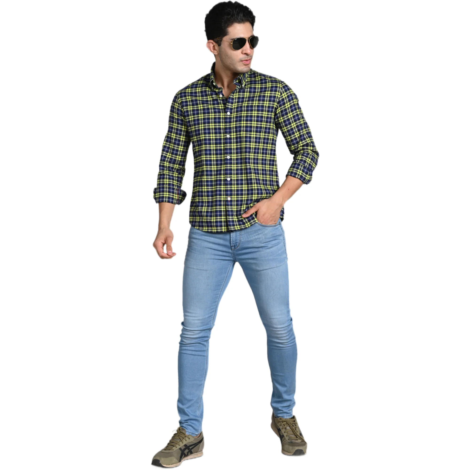 Full Sleeves Slim Fit Neon Green Button-Down Oxford Checks Shirt - Image 5