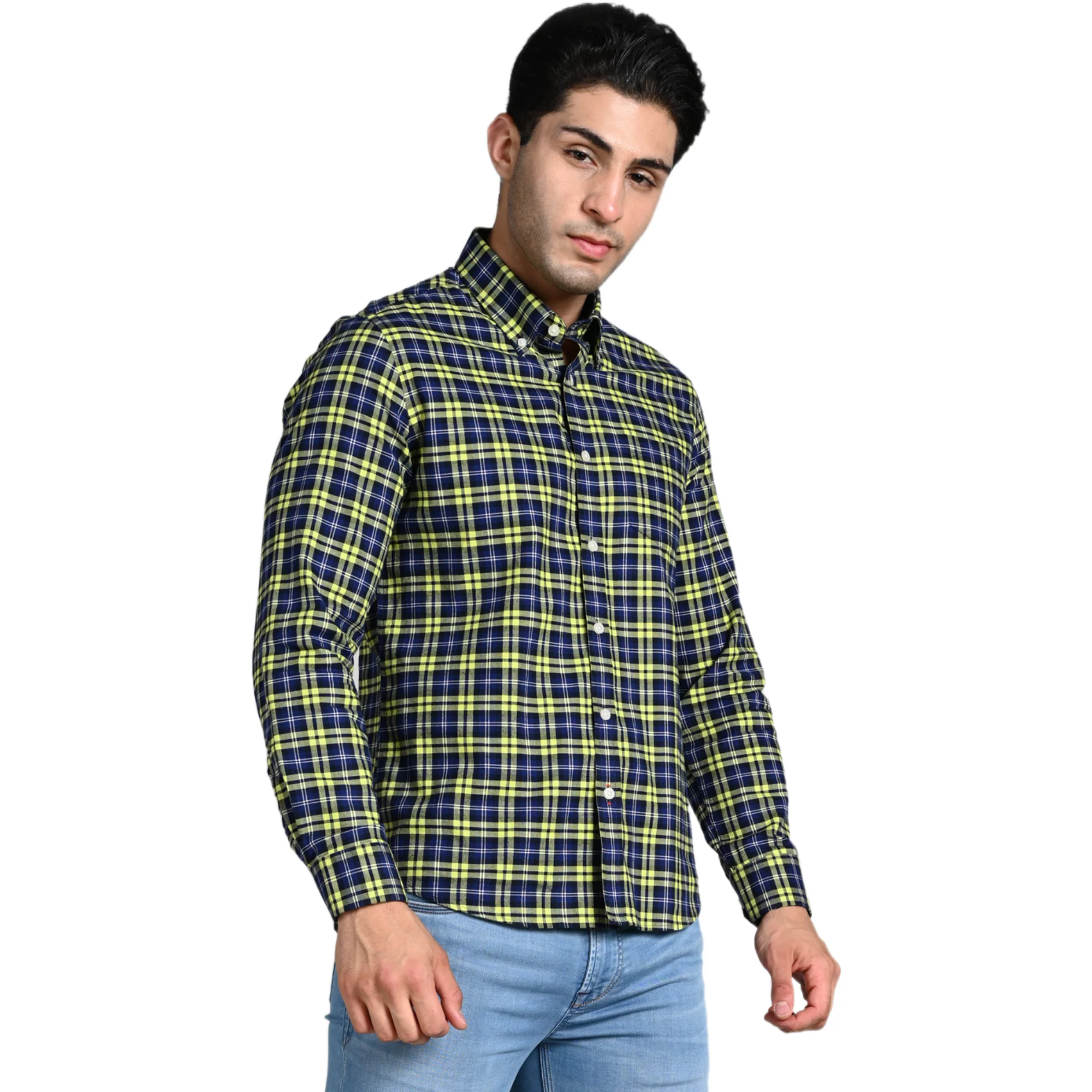 Full Sleeves Slim Fit Neon Green Button-Down Oxford Checks Shirt - Image 6