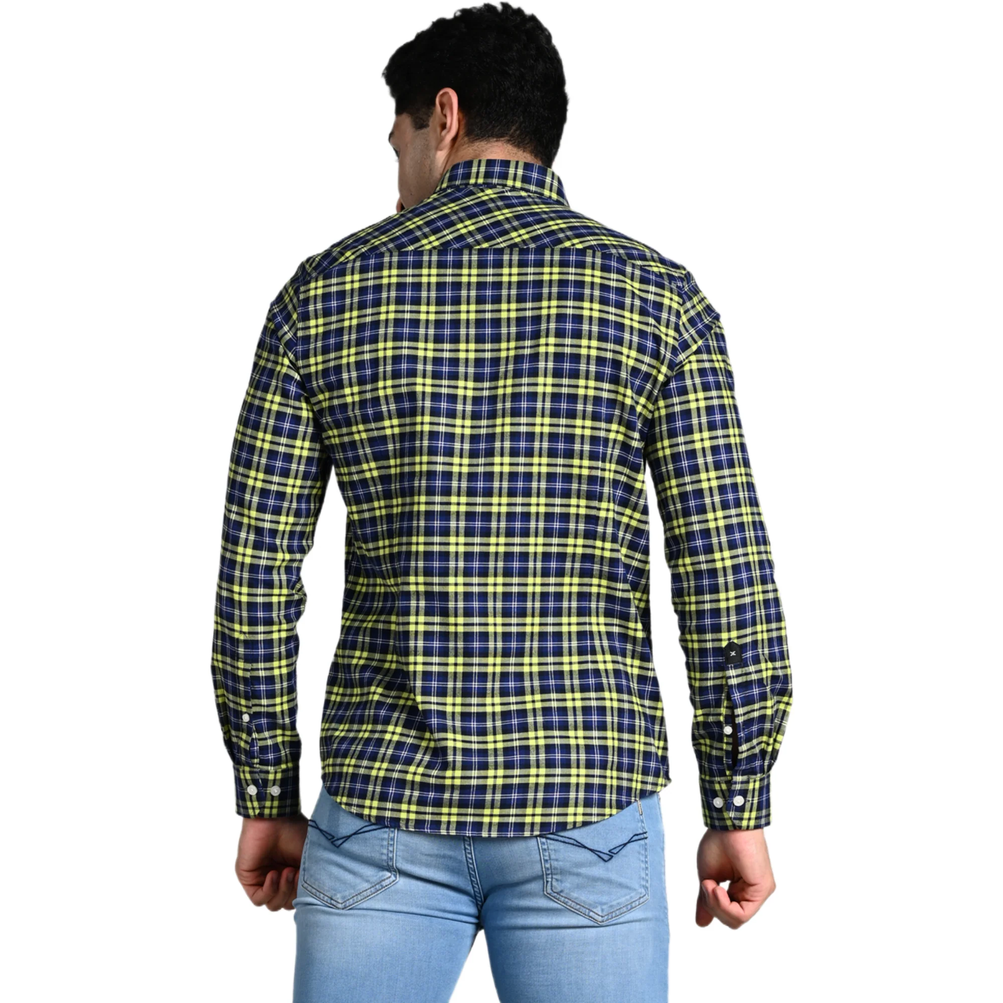 Full Sleeves Slim Fit Neon Green Button-Down Oxford Checks Shirt - Image 7