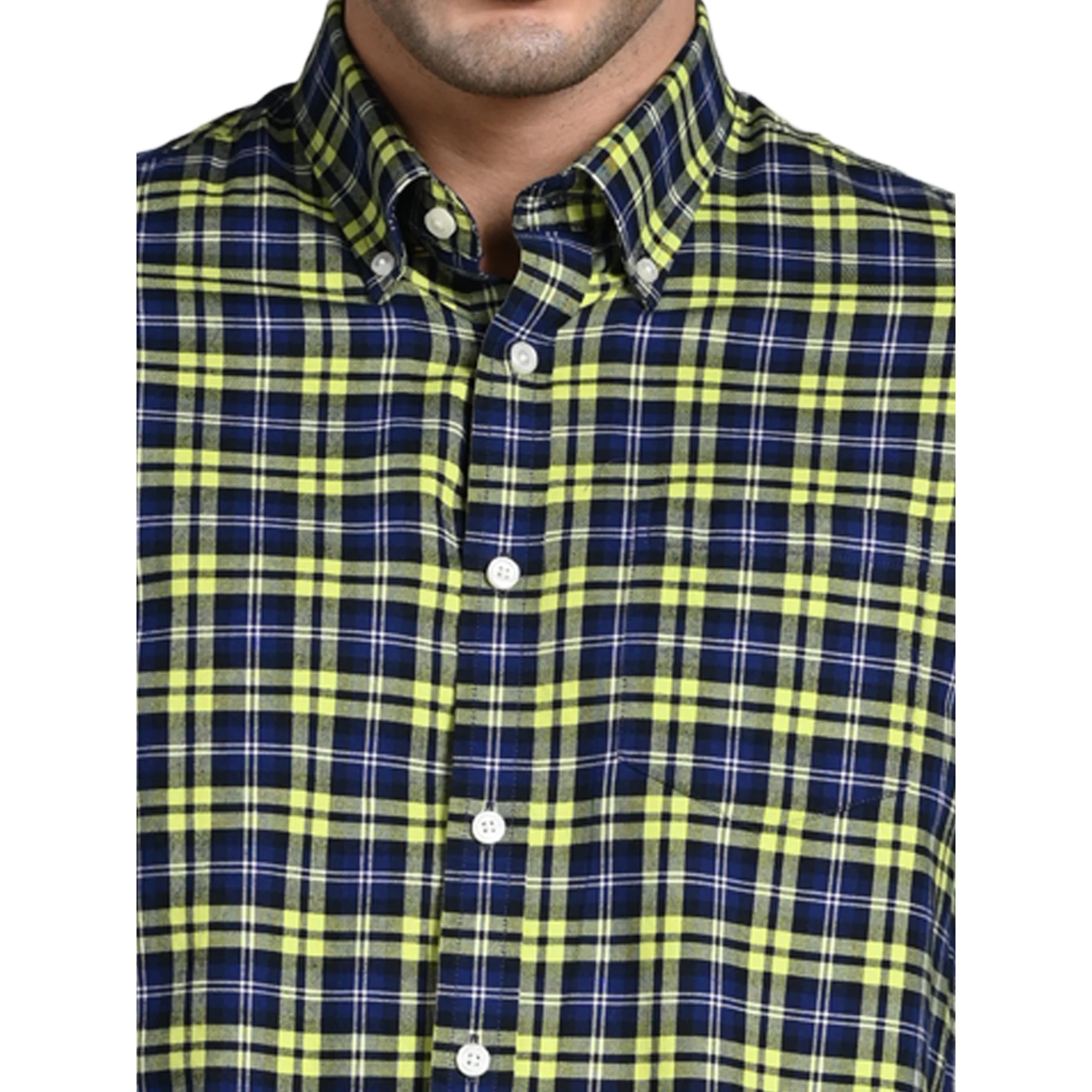 Full Sleeves Slim Fit Neon Green Button-Down Oxford Checks Shirt - Image 8