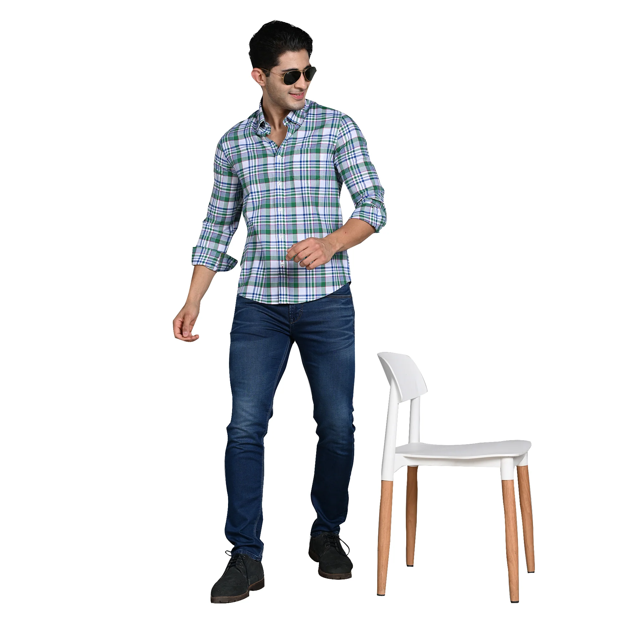 Full Sleeves Slim Fit Green Button-Down Oxford Checks Shirt - Image 3