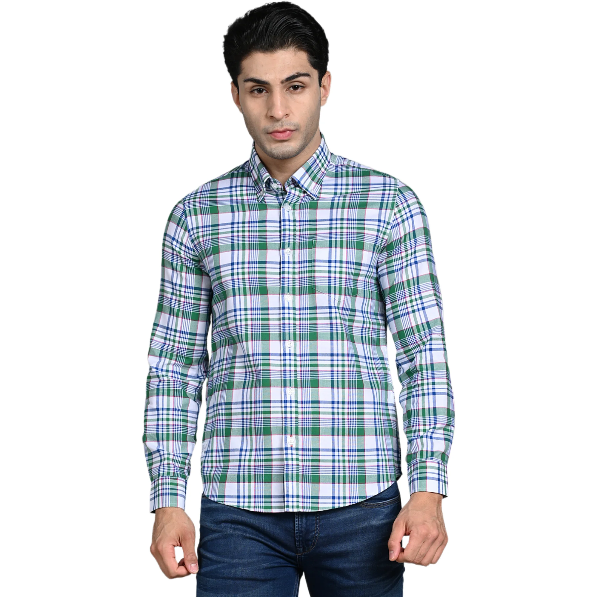 Full Sleeves Slim Fit Green Button-Down Oxford Checks Shirt - Image 4