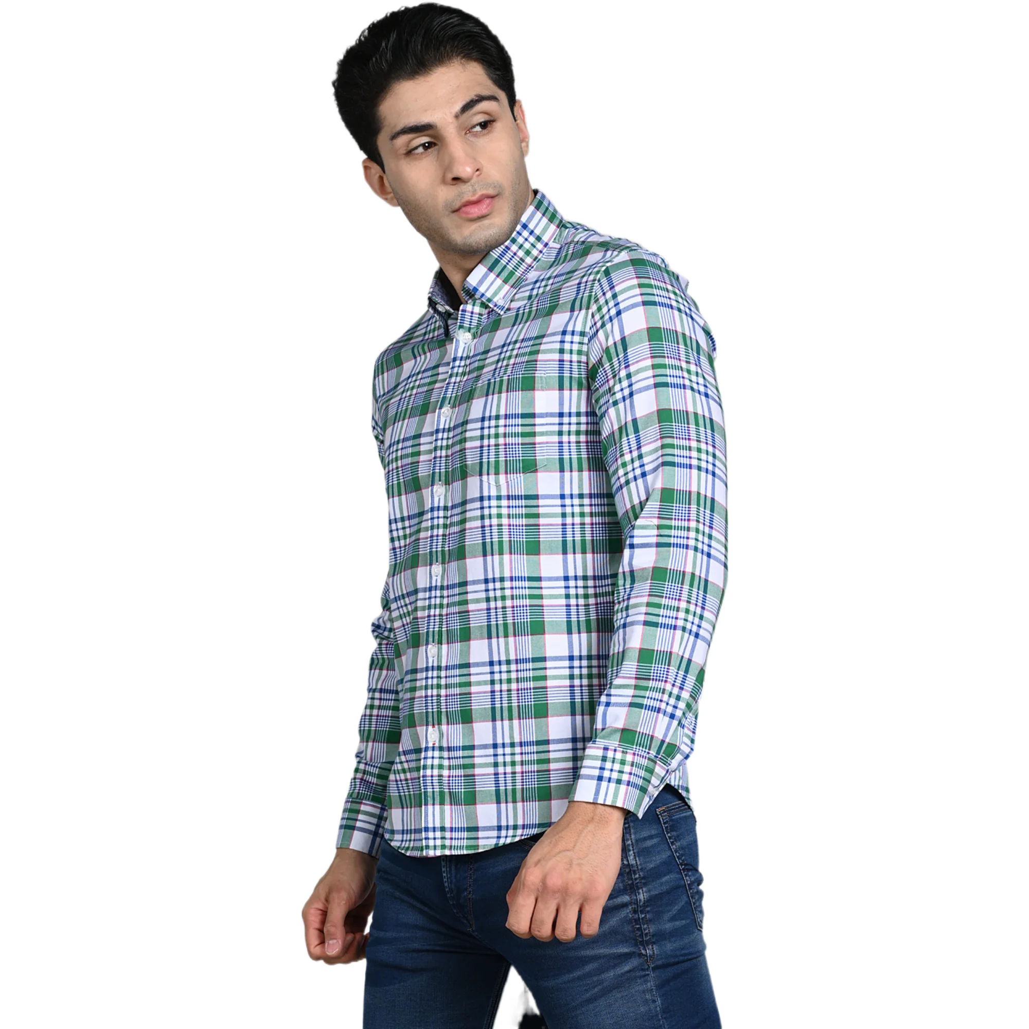 Full Sleeves Slim Fit Green Button-Down Oxford Checks Shirt - Image 5
