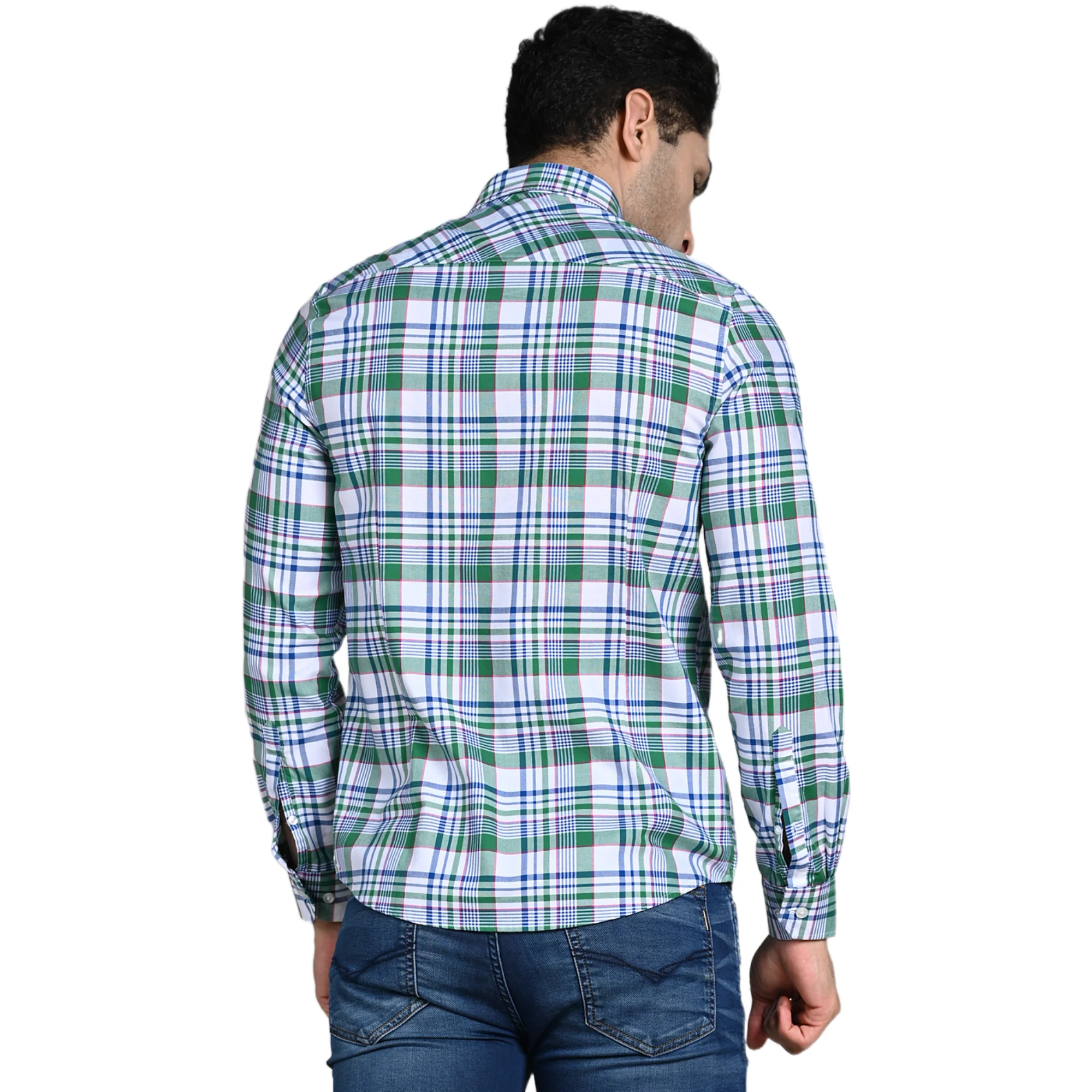 Full Sleeves Slim Fit Green Button-Down Oxford Checks Shirt - Image 7