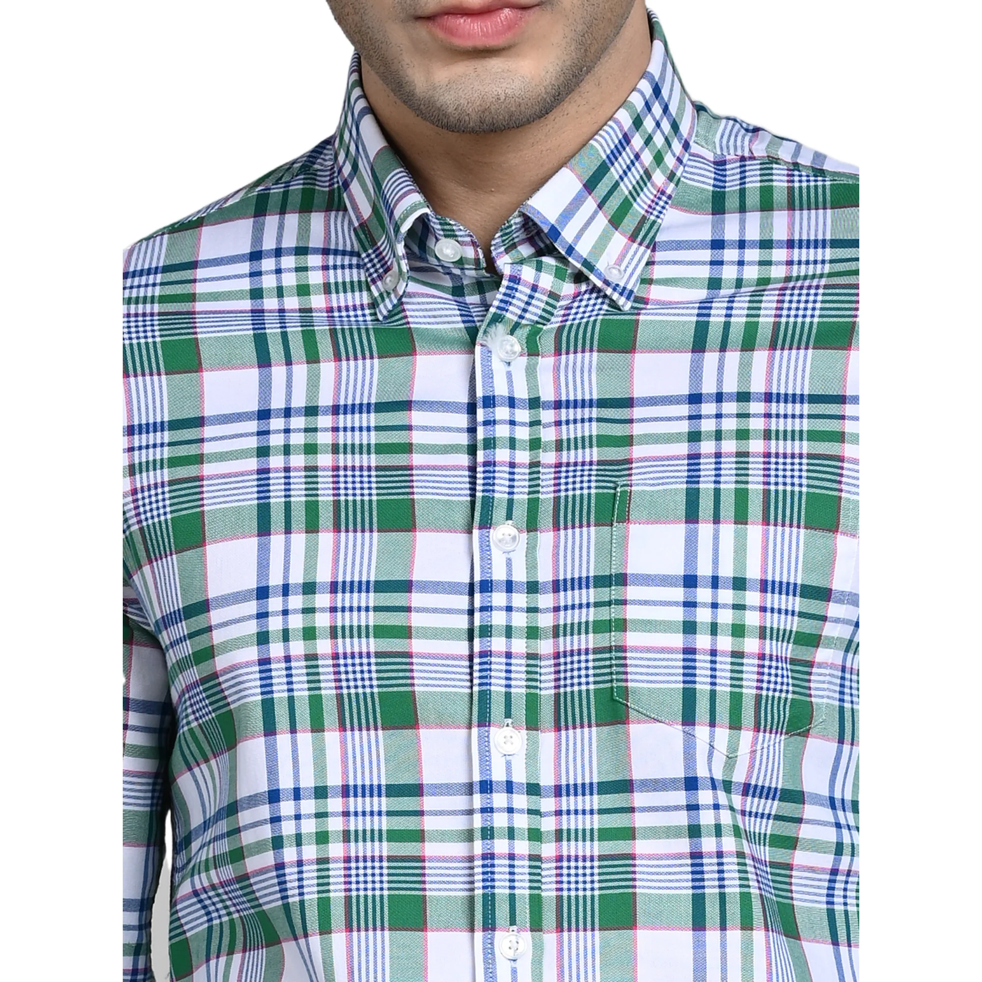 Full Sleeves Slim Fit Green Button-Down Oxford Checks Shirt - Image 8