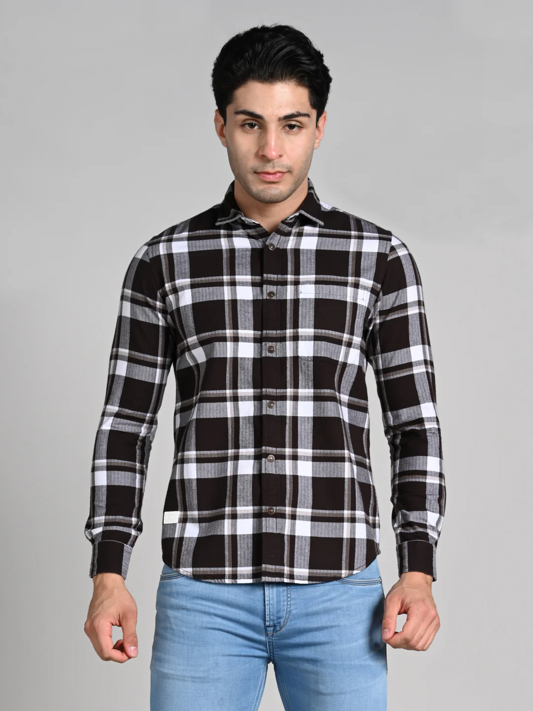 Full Sleeves Staight Fit Coffee Herringbone Checks Shirt - Image 4