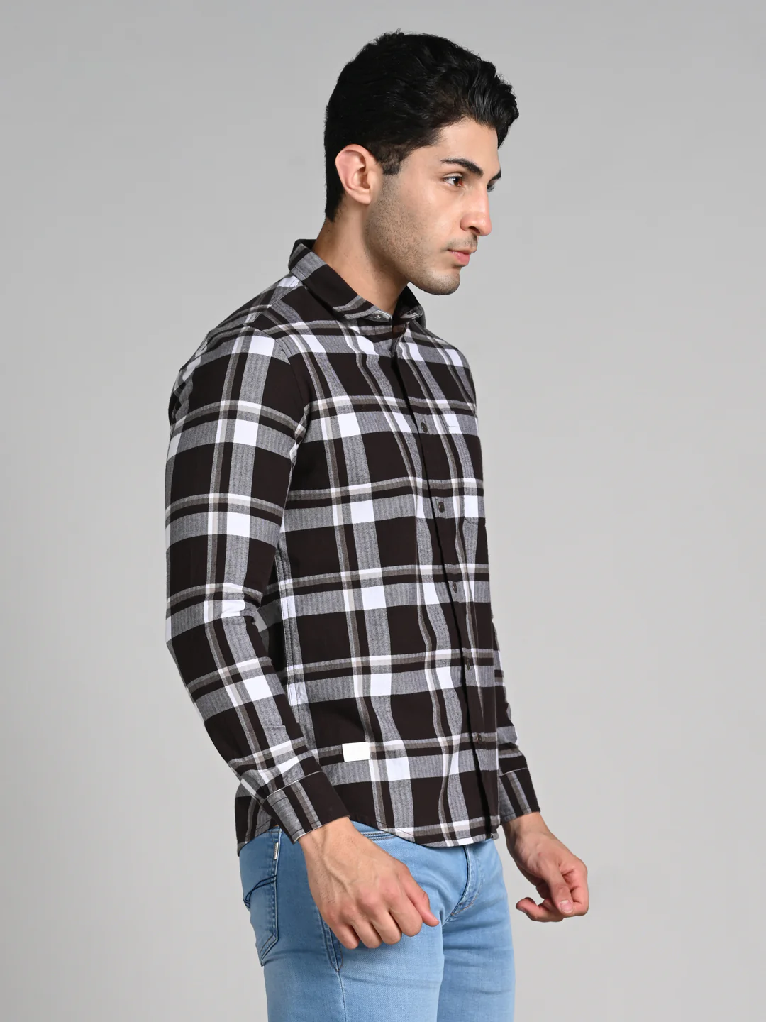 Full Sleeves Staight Fit Coffee Herringbone Checks Shirt - Image 5