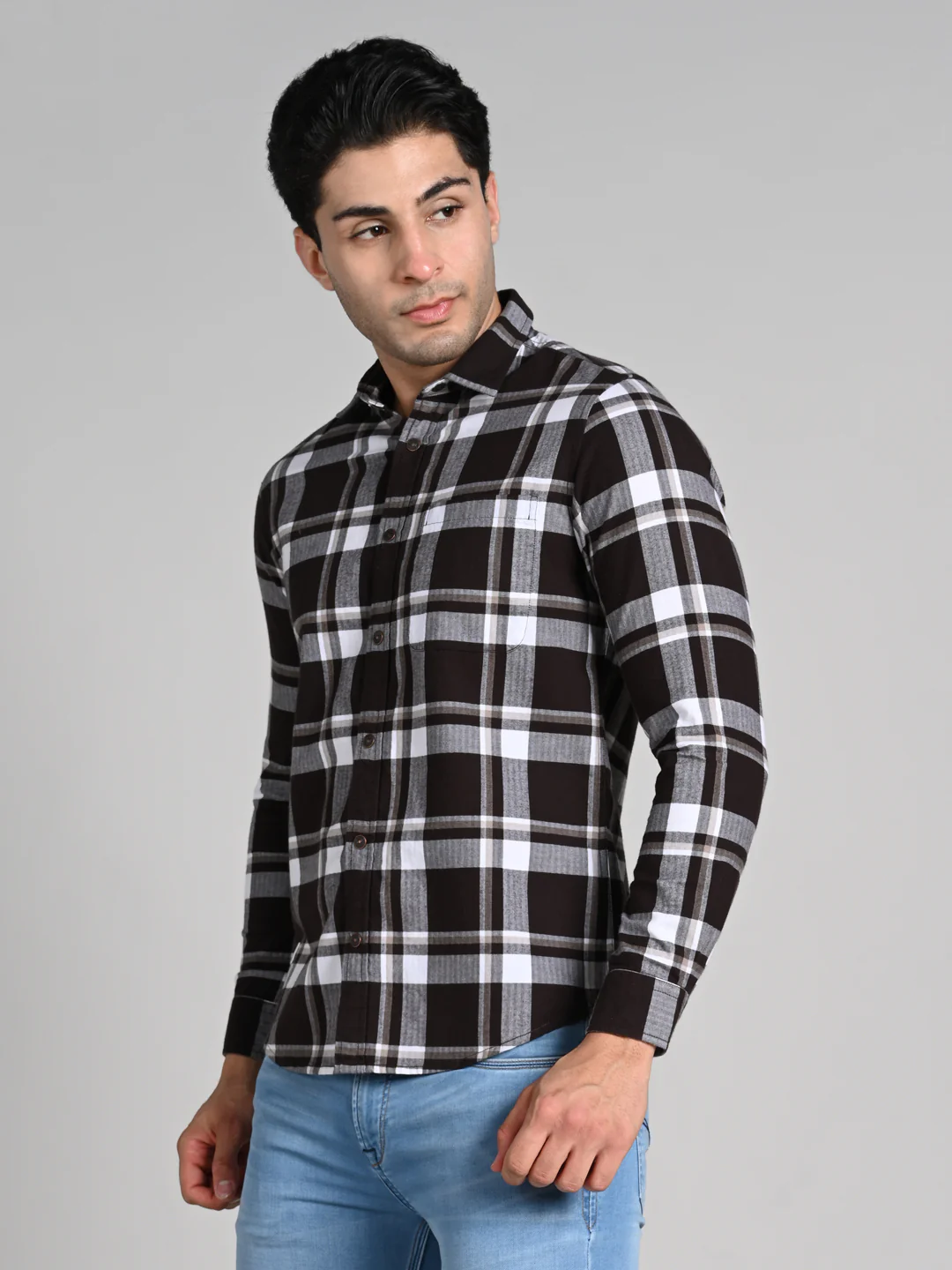 Full Sleeves Staight Fit Coffee Herringbone Checks Shirt - Image 6