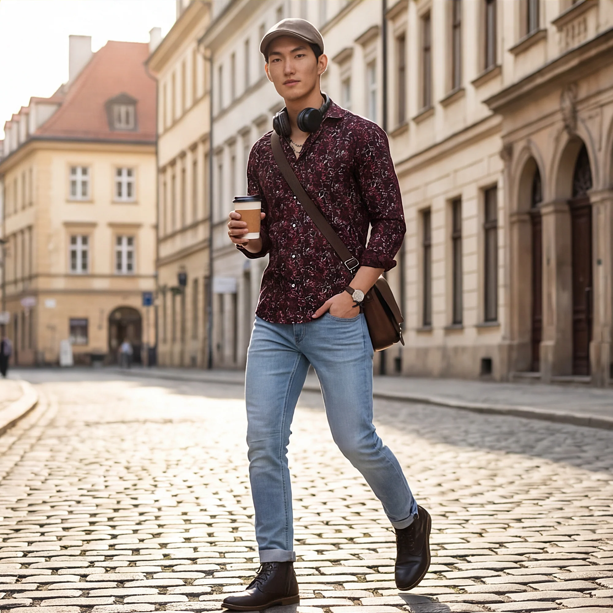 Full Sleeves SlimFit Coffee All-Over Abstract Rose Outline Print Shirt
