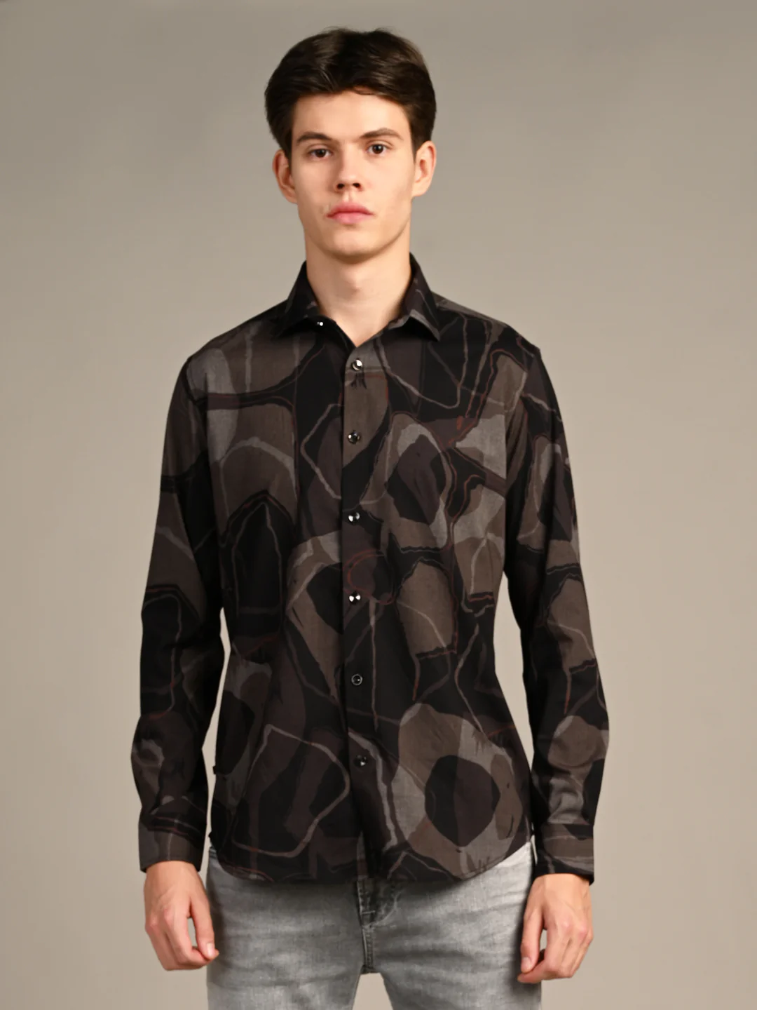 Full Sleeves Slim Fit Coffee All-Over Big Abstract Melange Print Shirt - Image 4