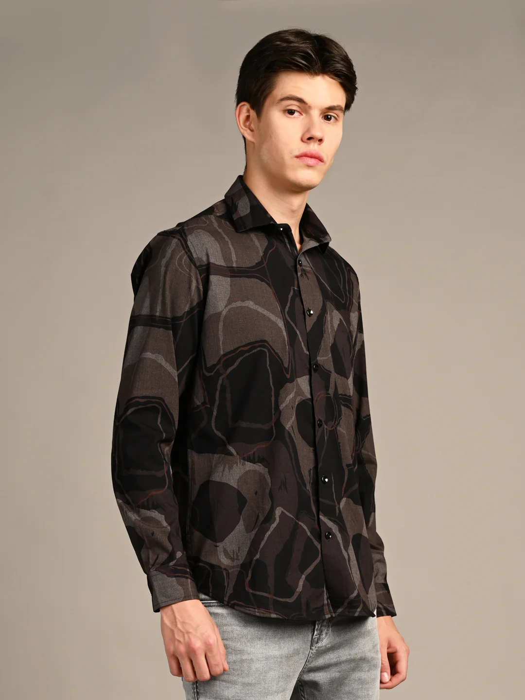 Full Sleeves Slim Fit Coffee All-Over Big Abstract Melange Print Shirt - Image 5