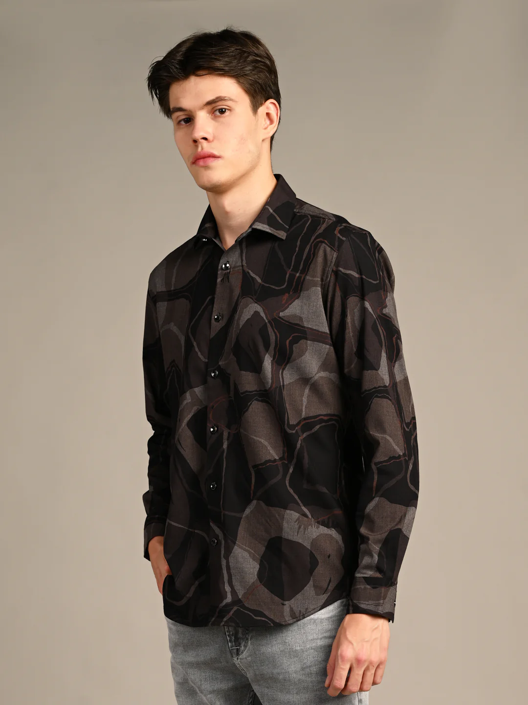 Full Sleeves Slim Fit Coffee All-Over Big Abstract Melange Print Shirt - Image 6