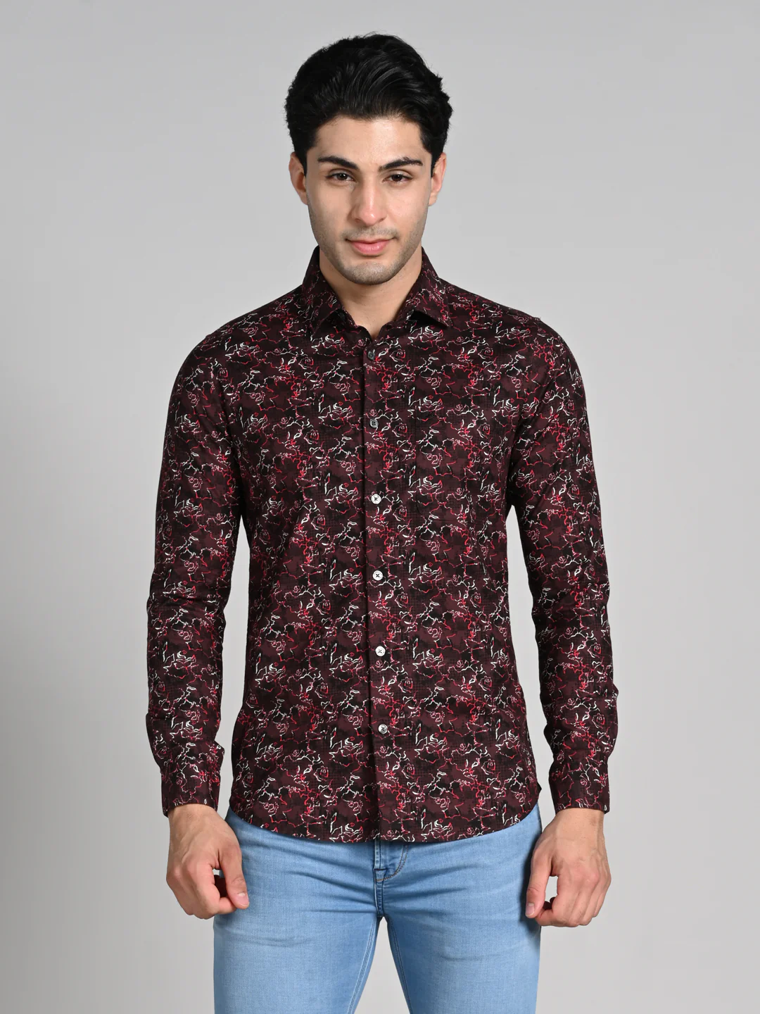 Full Sleeves SlimFit Coffee All-Over Abstract Rose Outline Print Shirt - Image 4