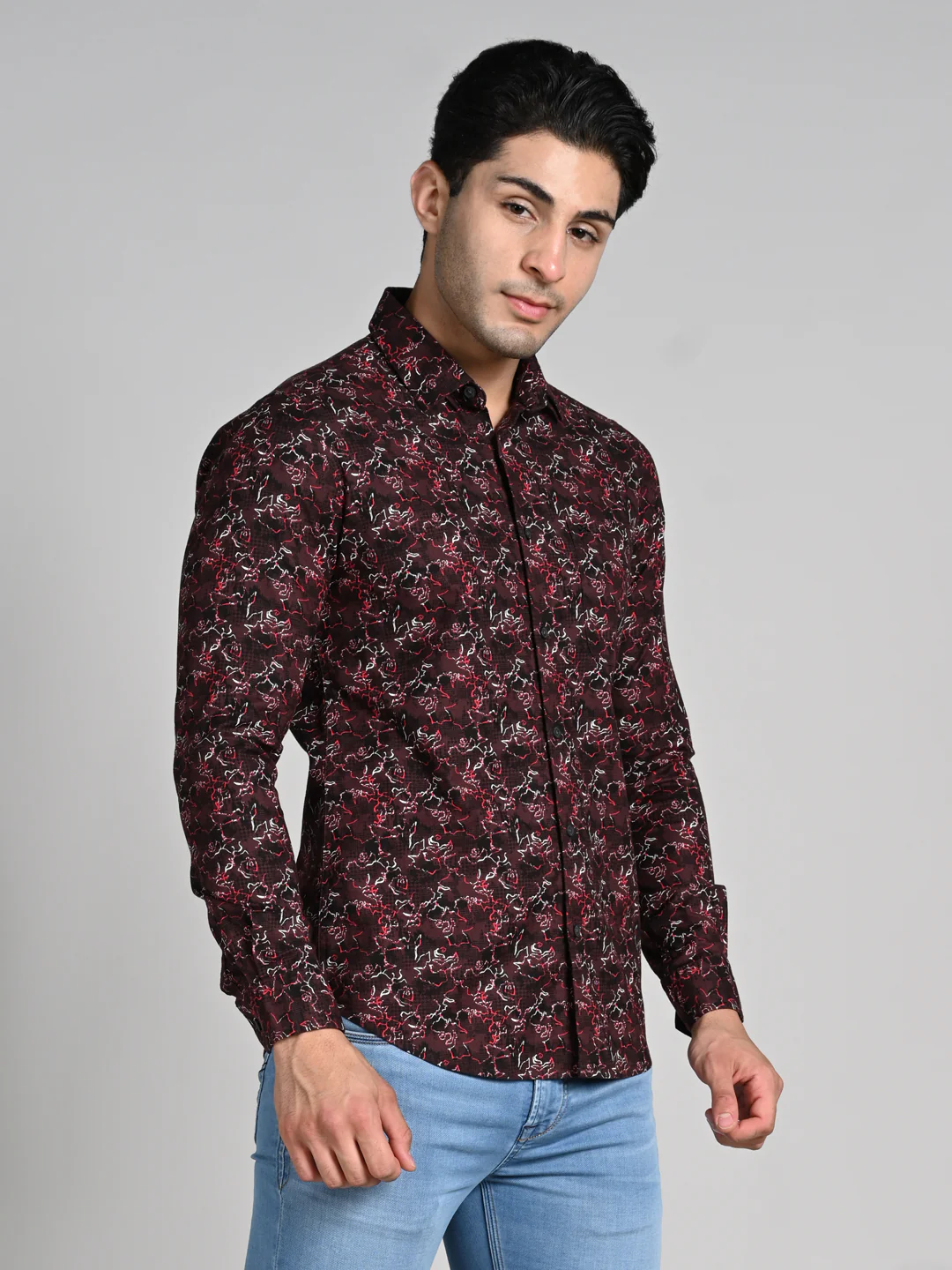 Full Sleeves SlimFit Coffee All-Over Abstract Rose Outline Print Shirt - Image 5