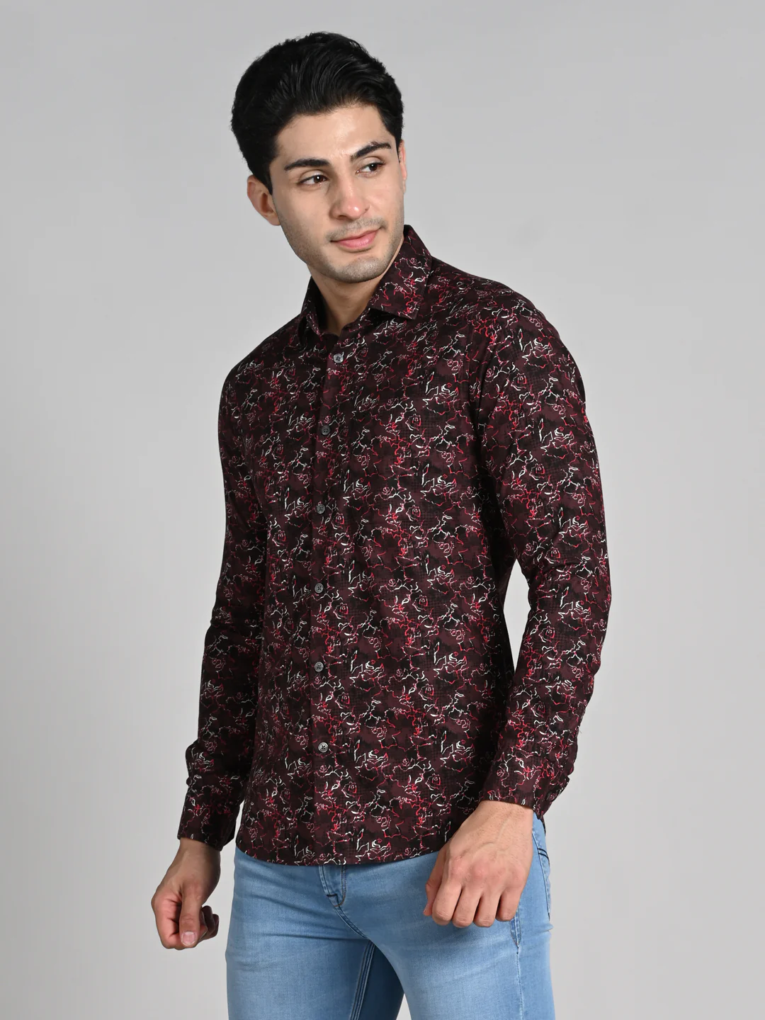 Full Sleeves SlimFit Coffee All-Over Abstract Rose Outline Print Shirt - Image 6
