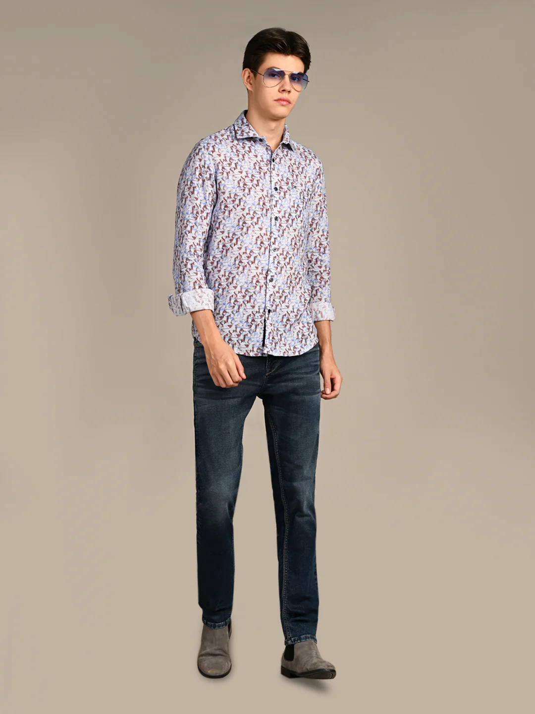 Full Sleeves Straight Fit Coffee All-Over Abstract Geometric Pure Linen Print Shirt - Image 3