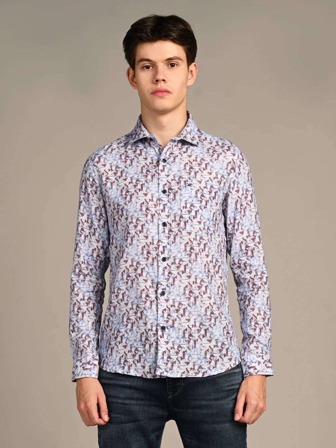 Full Sleeves Straight Fit Coffee All-Over Abstract Geometric Pure Linen Print Shirt - Image 4