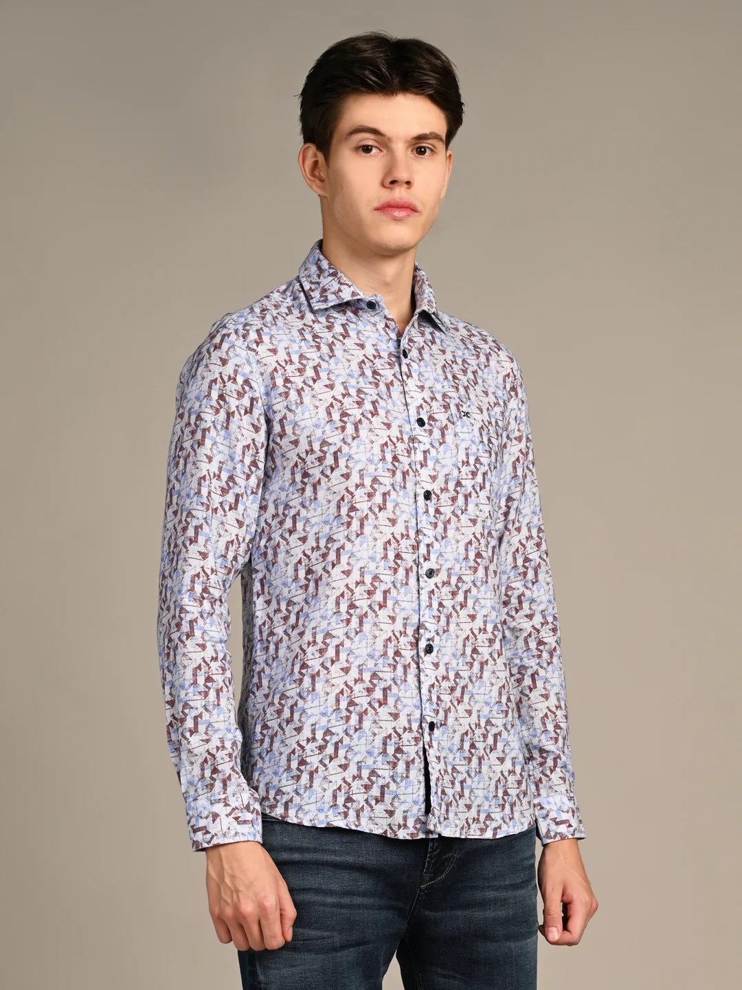Full Sleeves Straight Fit Coffee All-Over Abstract Geometric Pure Linen Print Shirt - Image 5