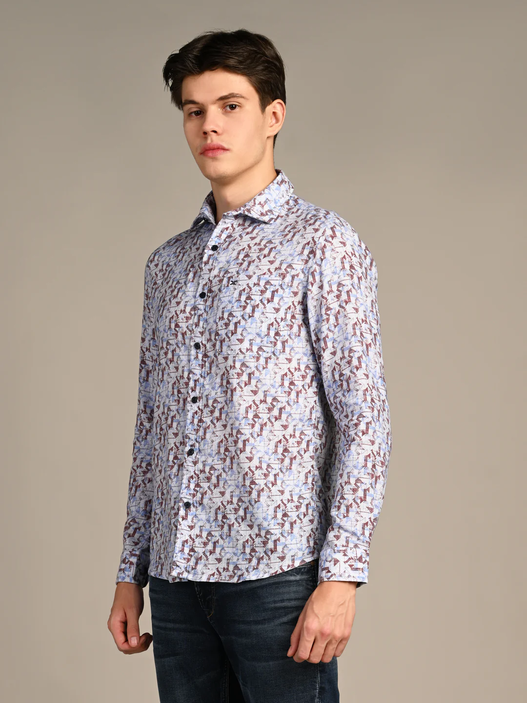 Full Sleeves Straight Fit Coffee All-Over Abstract Geometric Pure Linen Print Shirt - Image 6