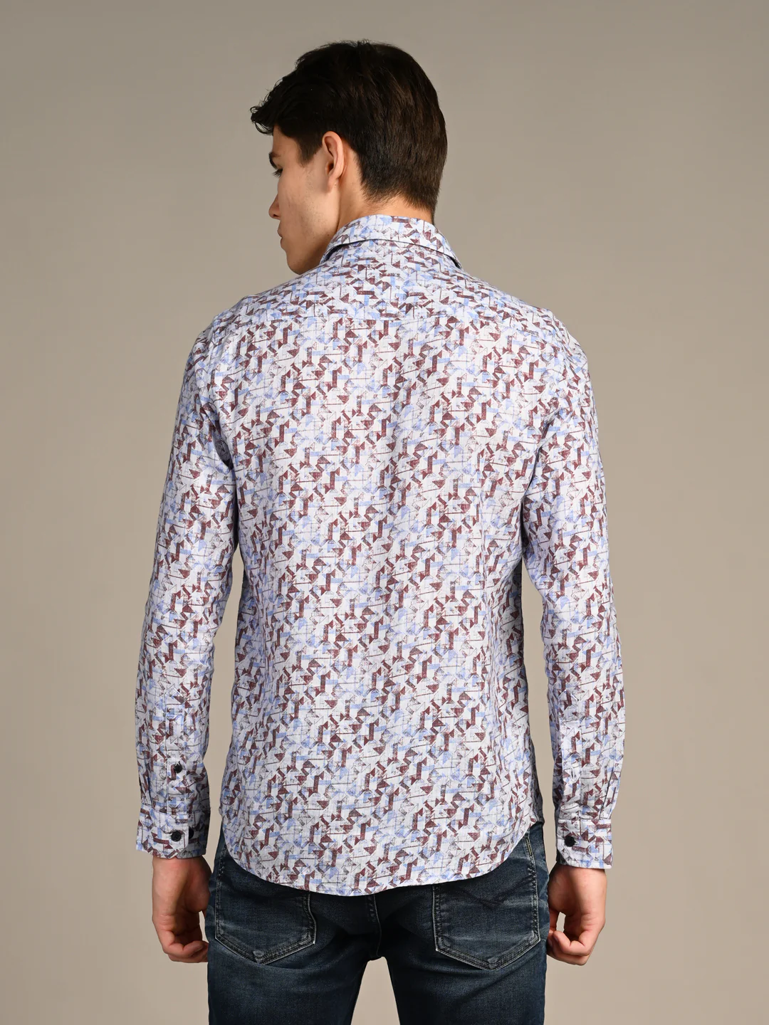 Full Sleeves Straight Fit Coffee All-Over Abstract Geometric Pure Linen Print Shirt - Image 7