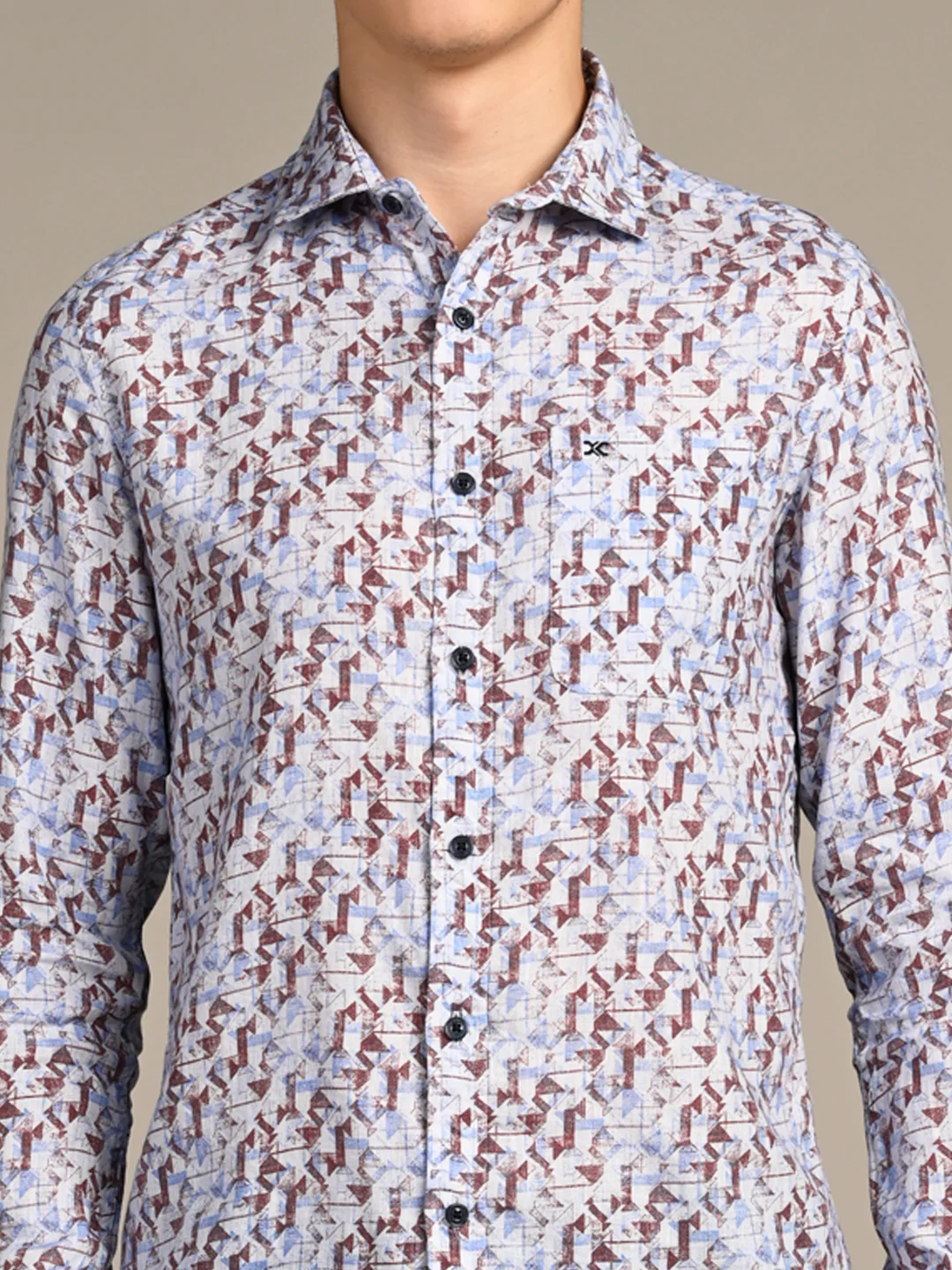 Full Sleeves Straight Fit Coffee All-Over Abstract Geometric Pure Linen Print Shirt - Image 8