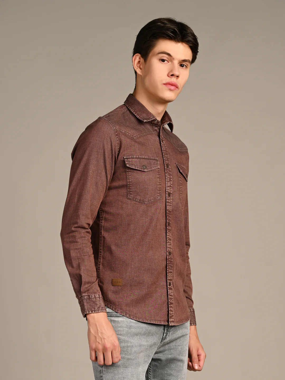 Full Sleeves Slim Fit Coffee washed Double Pocket Color Denim Solid Shirt - Image 5