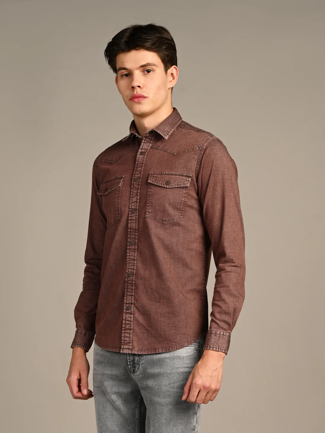 Full Sleeves Slim Fit Coffee washed Double Pocket Color Denim Solid Shirt - Image 6