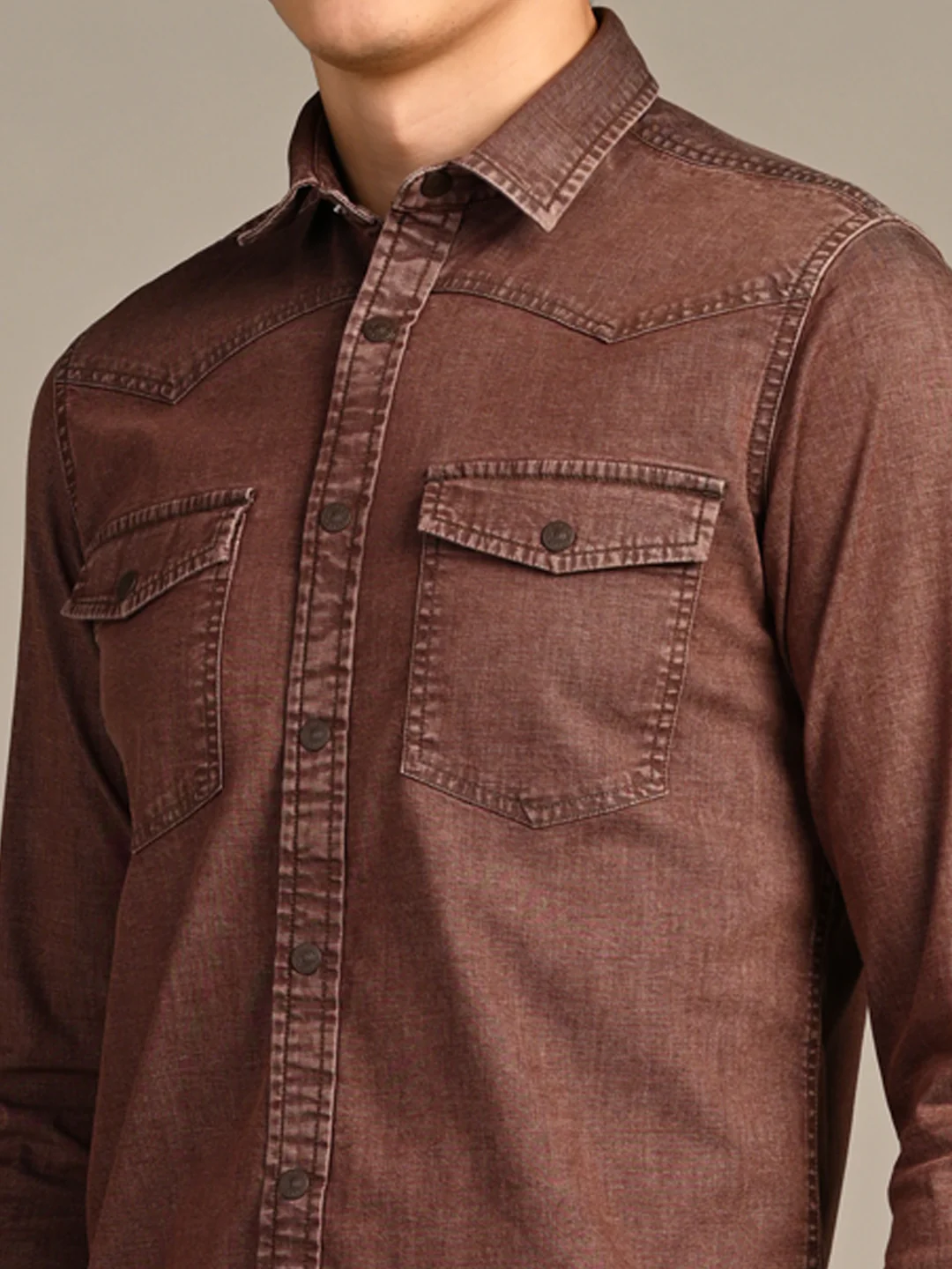 Full Sleeves Slim Fit Coffee washed Double Pocket Color Denim Solid Shirt - Image 8