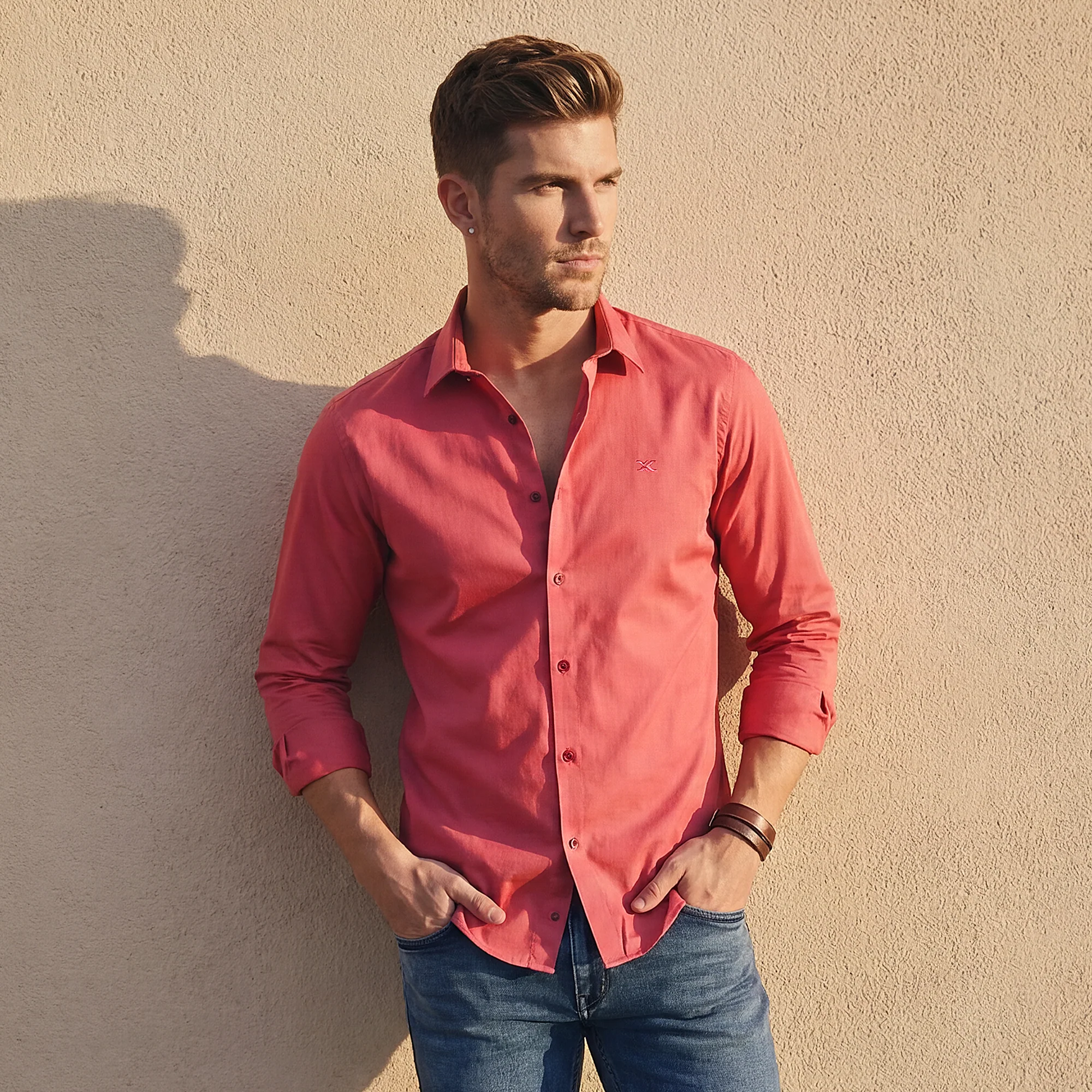 Full sleeves Slim Fit Pastel Corel Premium Satin Solid Shirt - Image 2