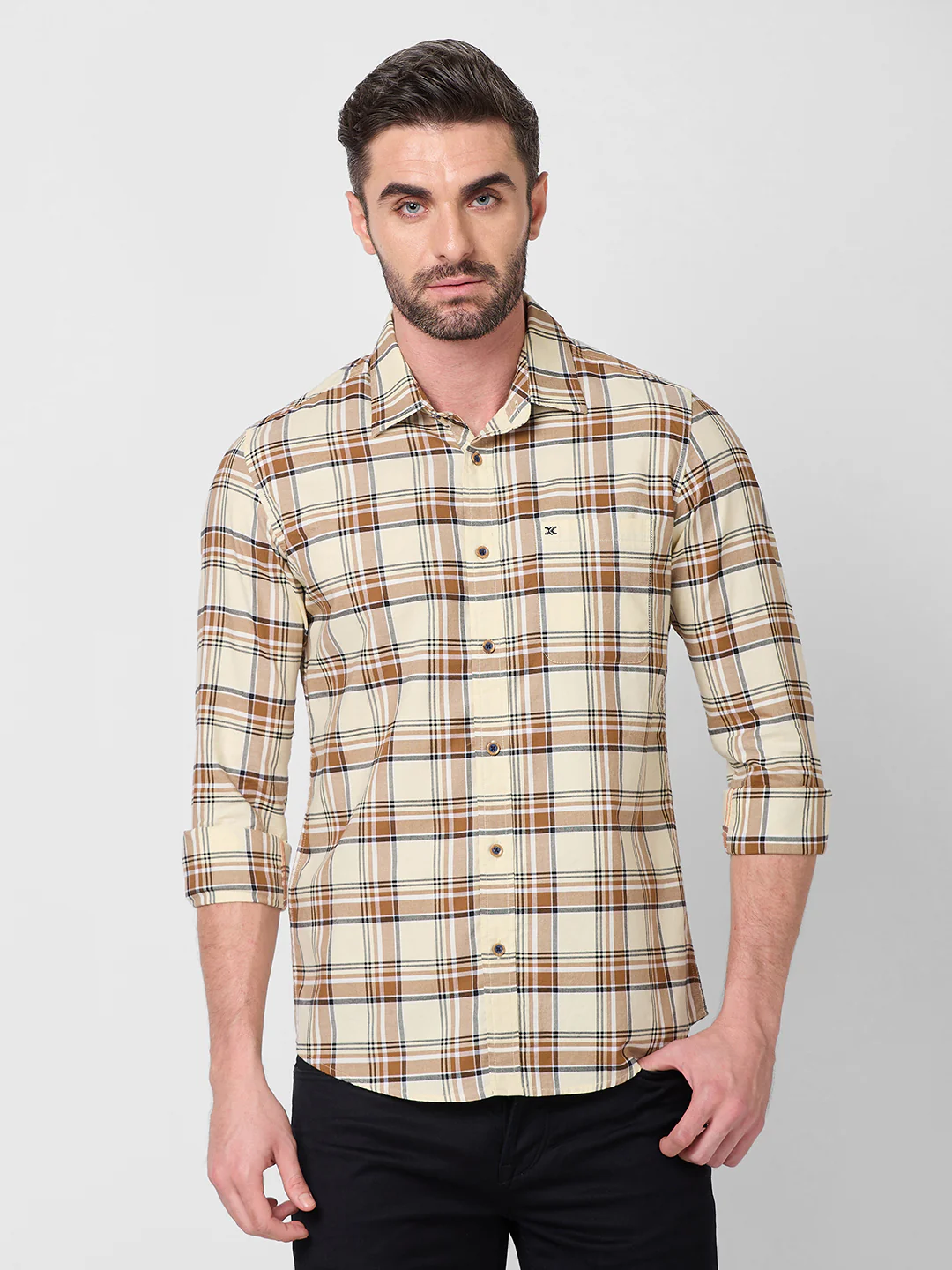 Full Sleeves Slim Fit Cream Oxford Checks Shirt - Image 3
