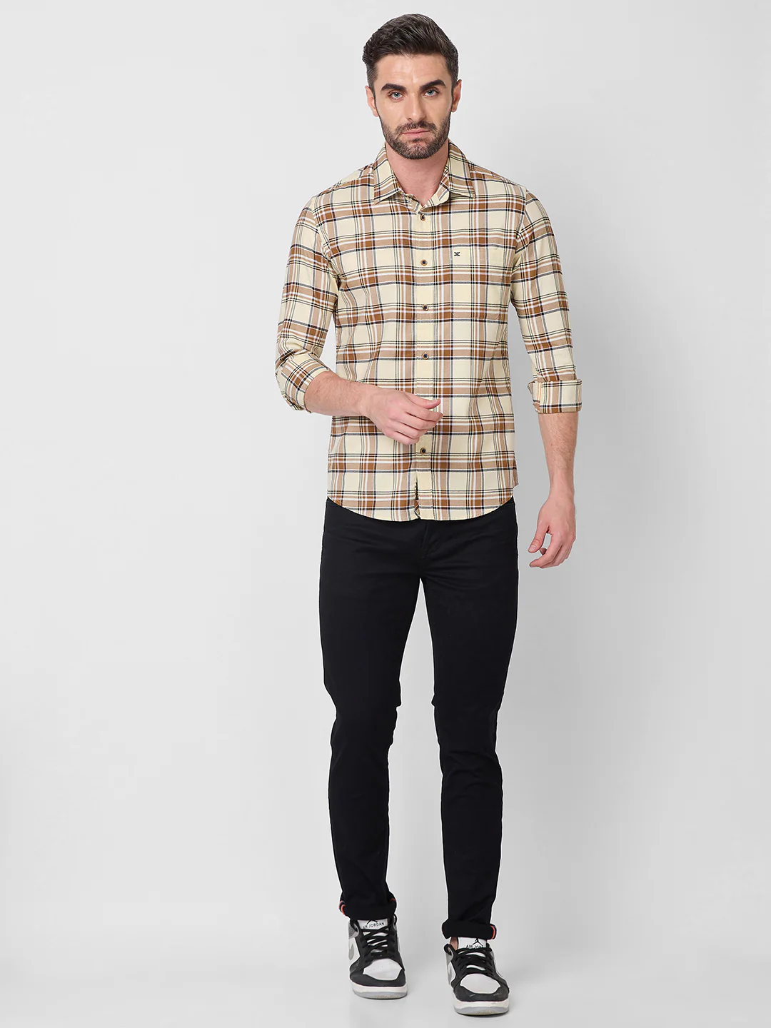 Full Sleeves Slim Fit Cream Oxford Checks Shirt - Image 4