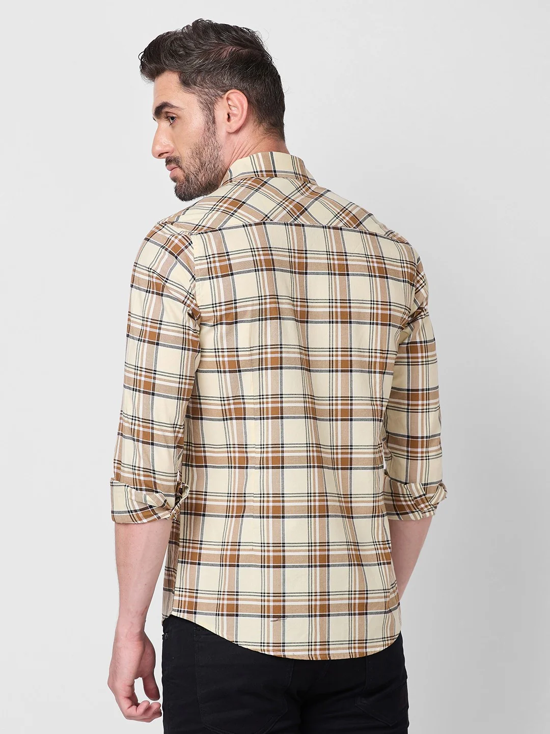 Full Sleeves Slim Fit Cream Oxford Checks Shirt - Image 5