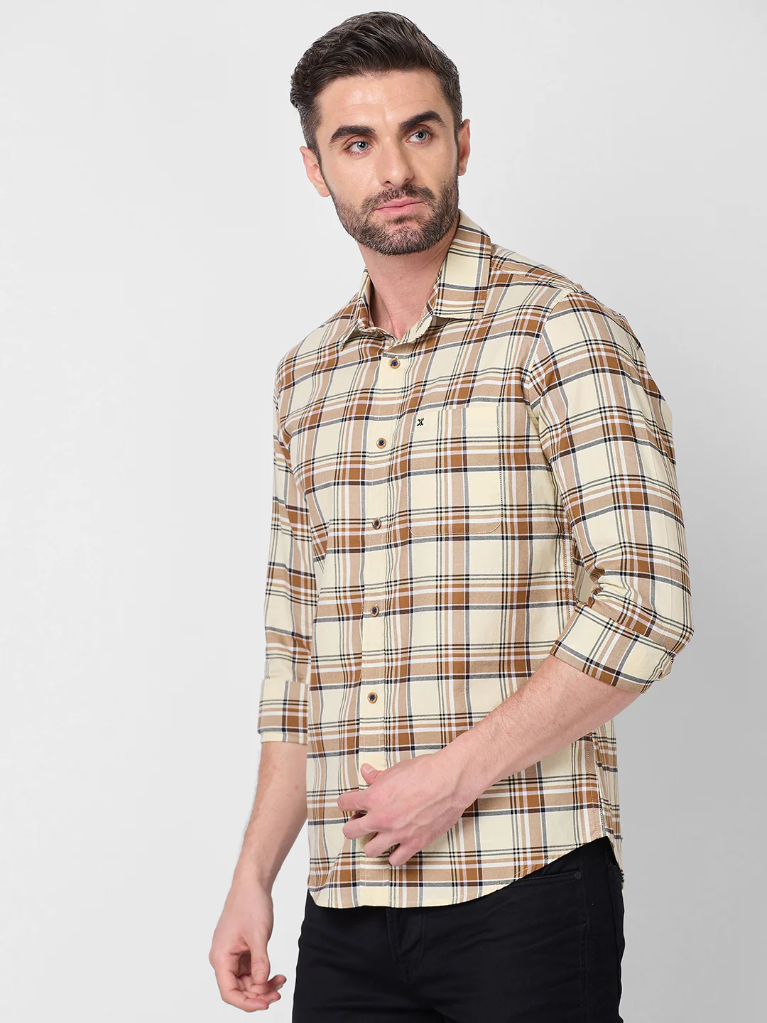 Full Sleeves Slim Fit Cream Oxford Checks Shirt - Image 6