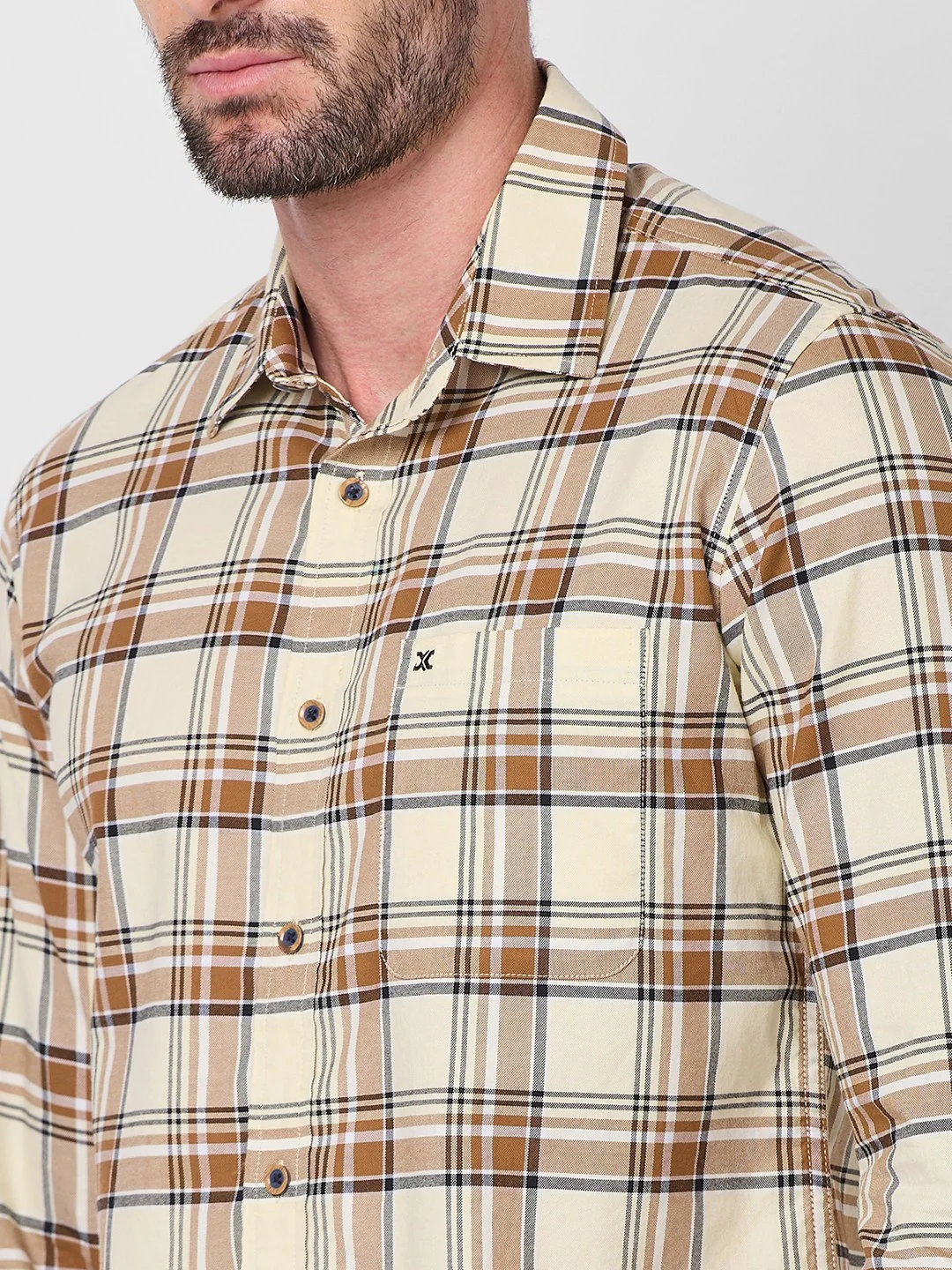 Full Sleeves Slim Fit Cream Oxford Checks Shirt - Image 7