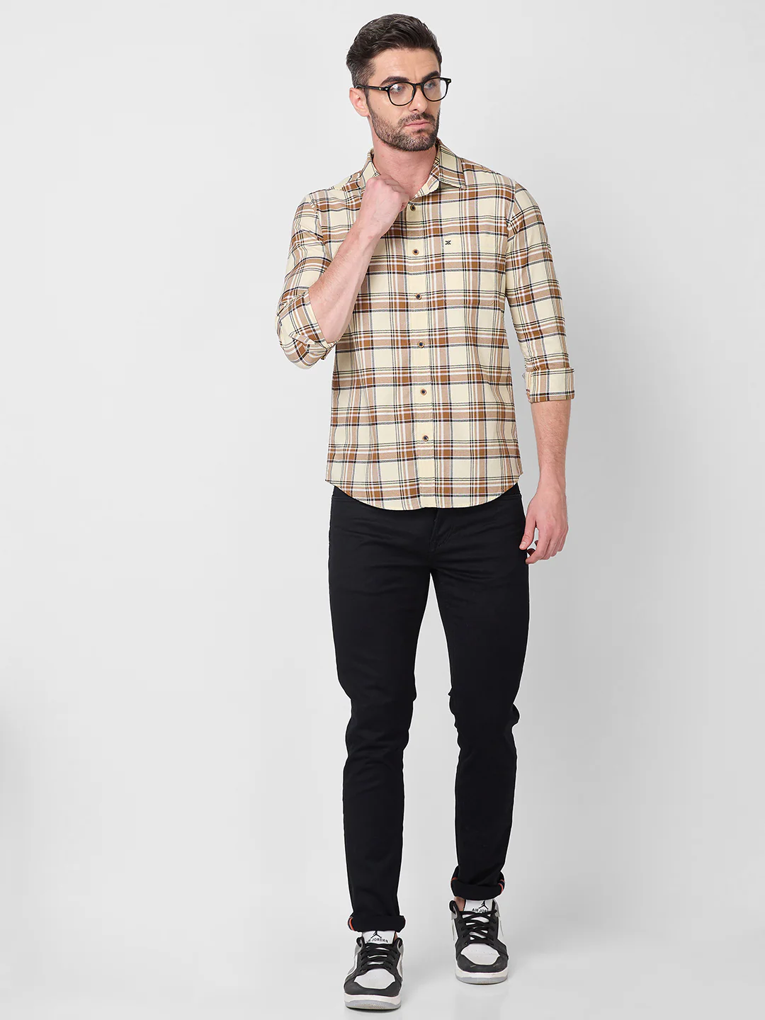 Full Sleeves Slim Fit Cream Oxford Checks Shirt - Image 8