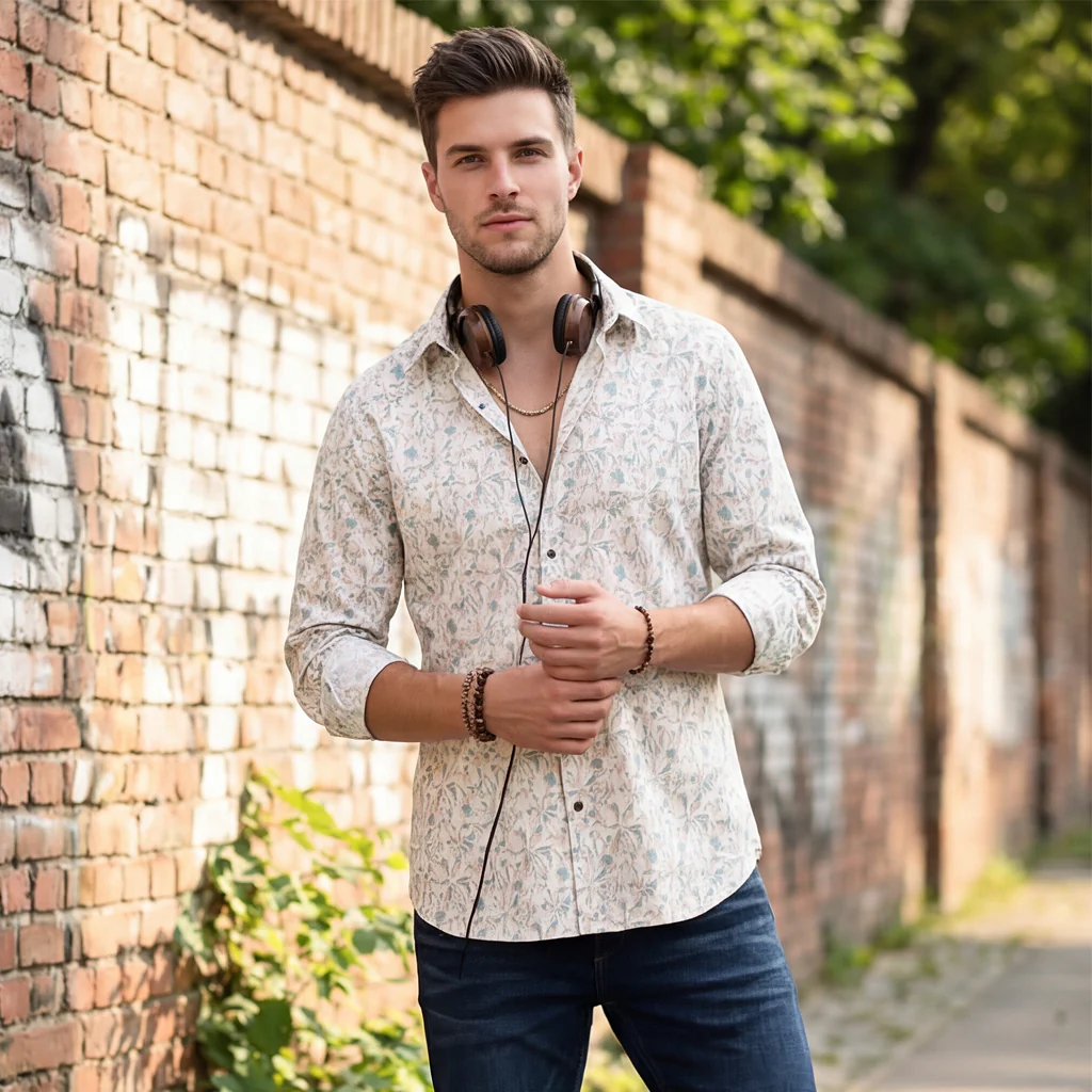 Full sleeves Slim Fit Cream All-Over Abstract Floral Print Shirt - Image 2