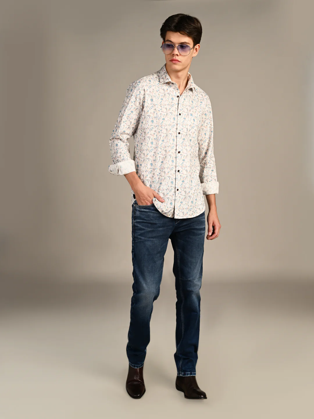 Full sleeves Slim Fit Cream All-Over Abstract Floral Print Shirt - Image 3