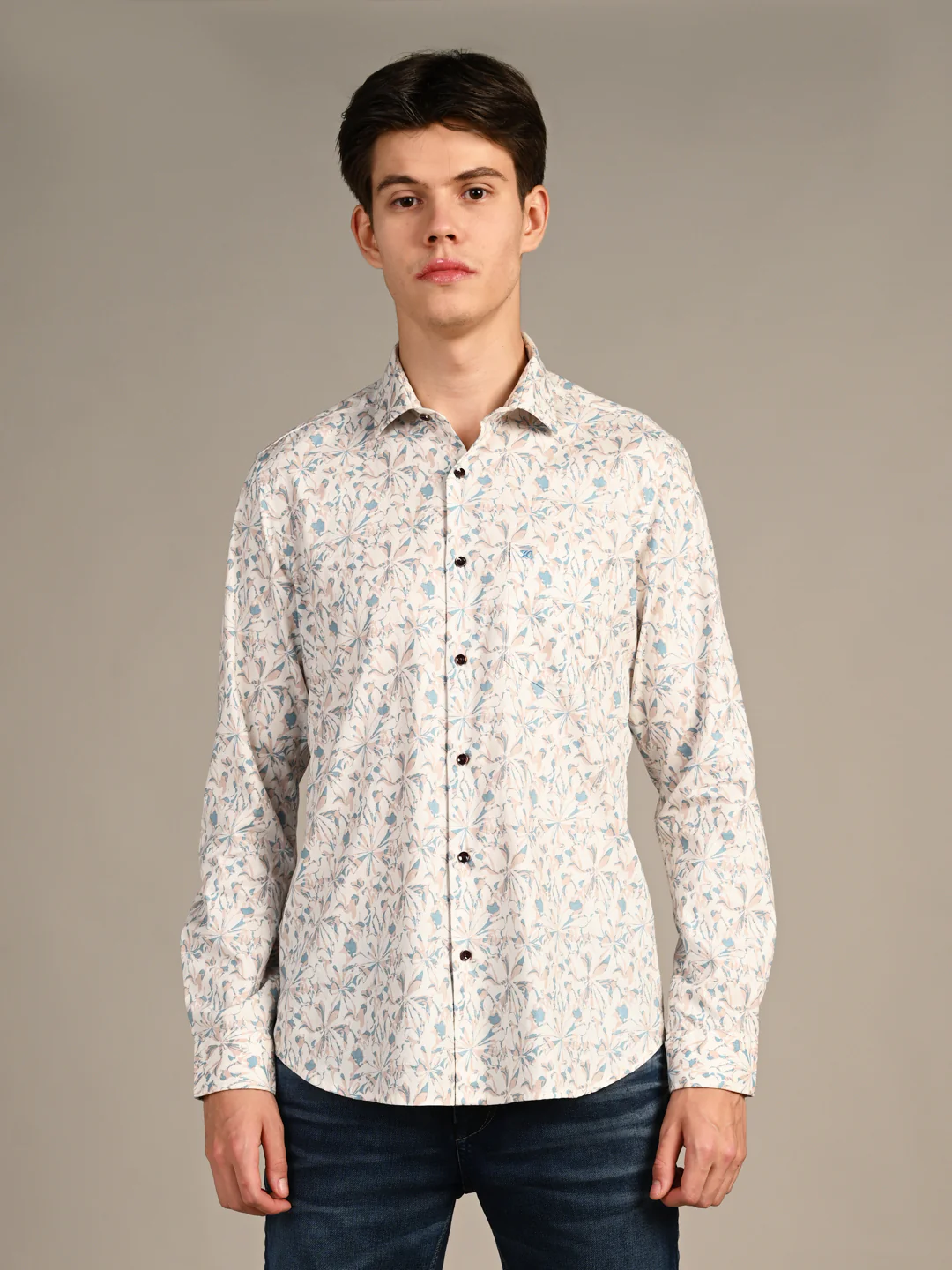 Full sleeves Slim Fit Cream All-Over Abstract Floral Print Shirt - Image 4