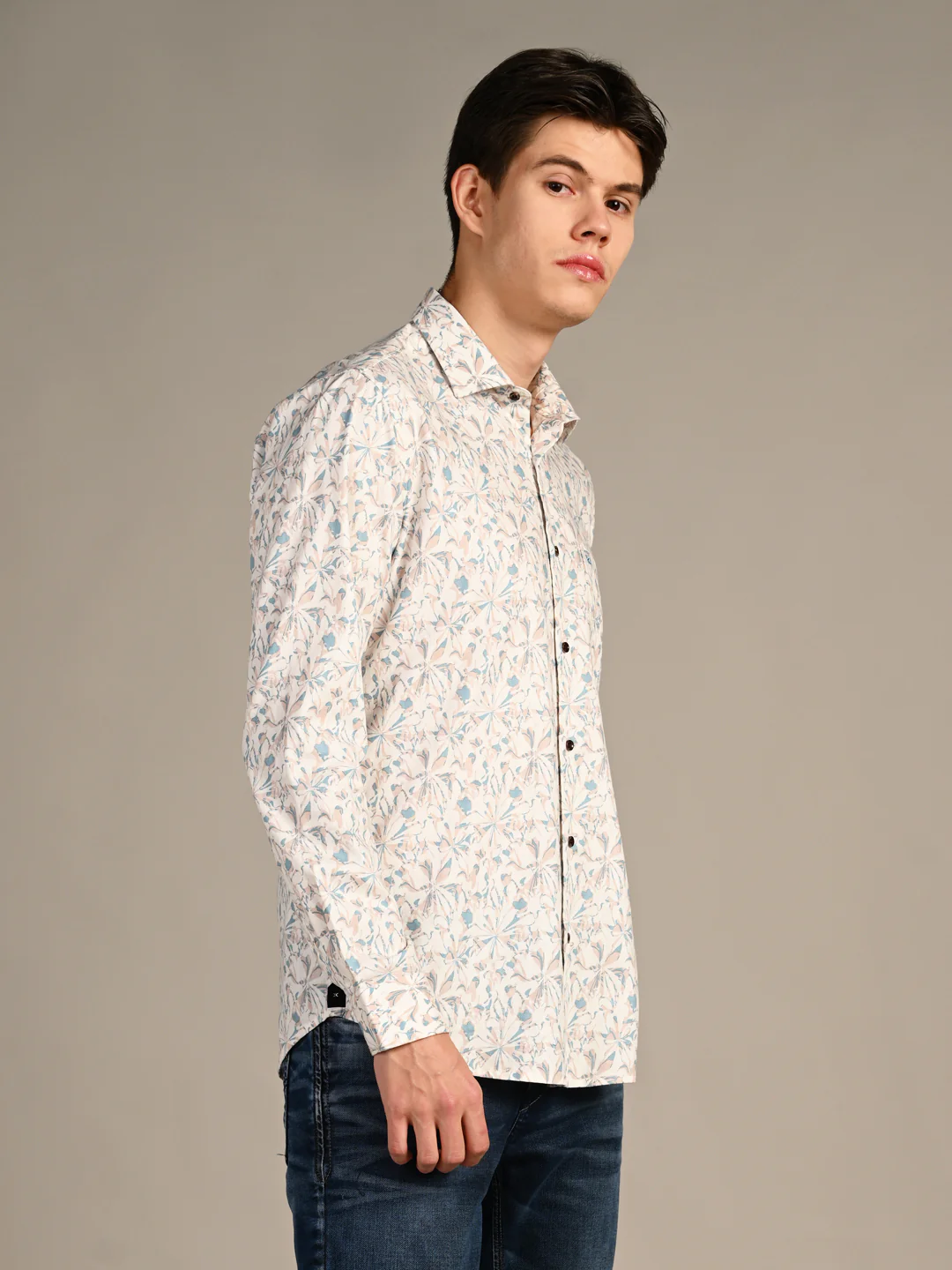 Full sleeves Slim Fit Cream All-Over Abstract Floral Print Shirt - Image 5