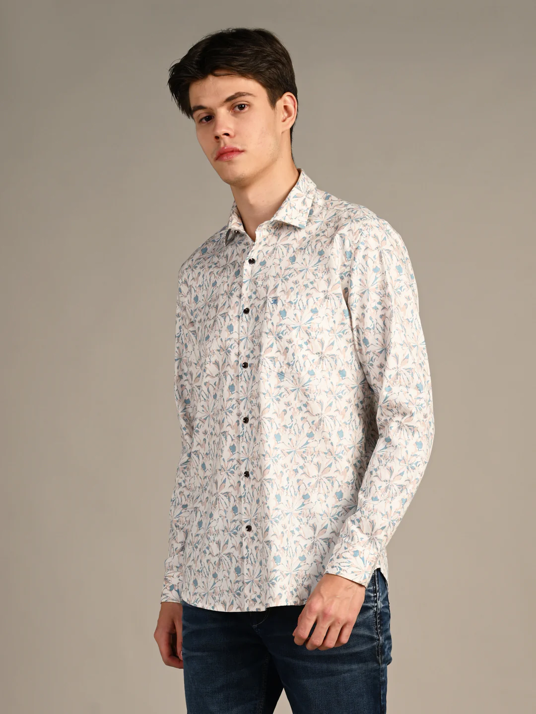 Full sleeves Slim Fit Cream All-Over Abstract Floral Print Shirt - Image 6