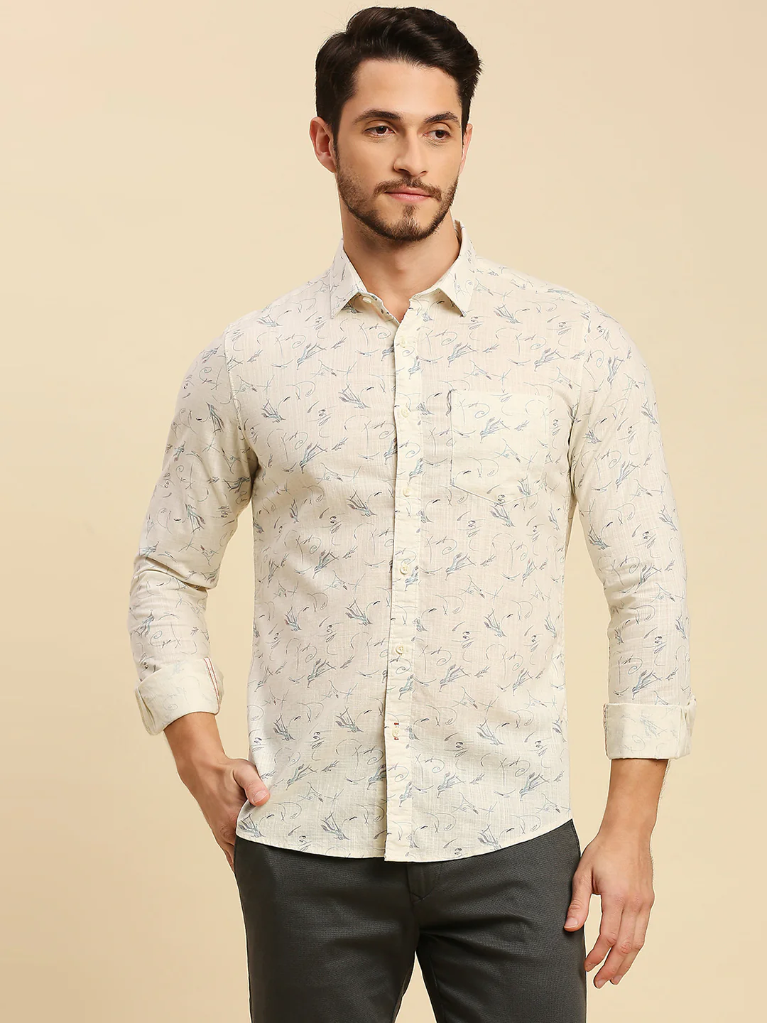 Full Sleeves Slim Fit Cream all-over abstract print Shirt - Image 3