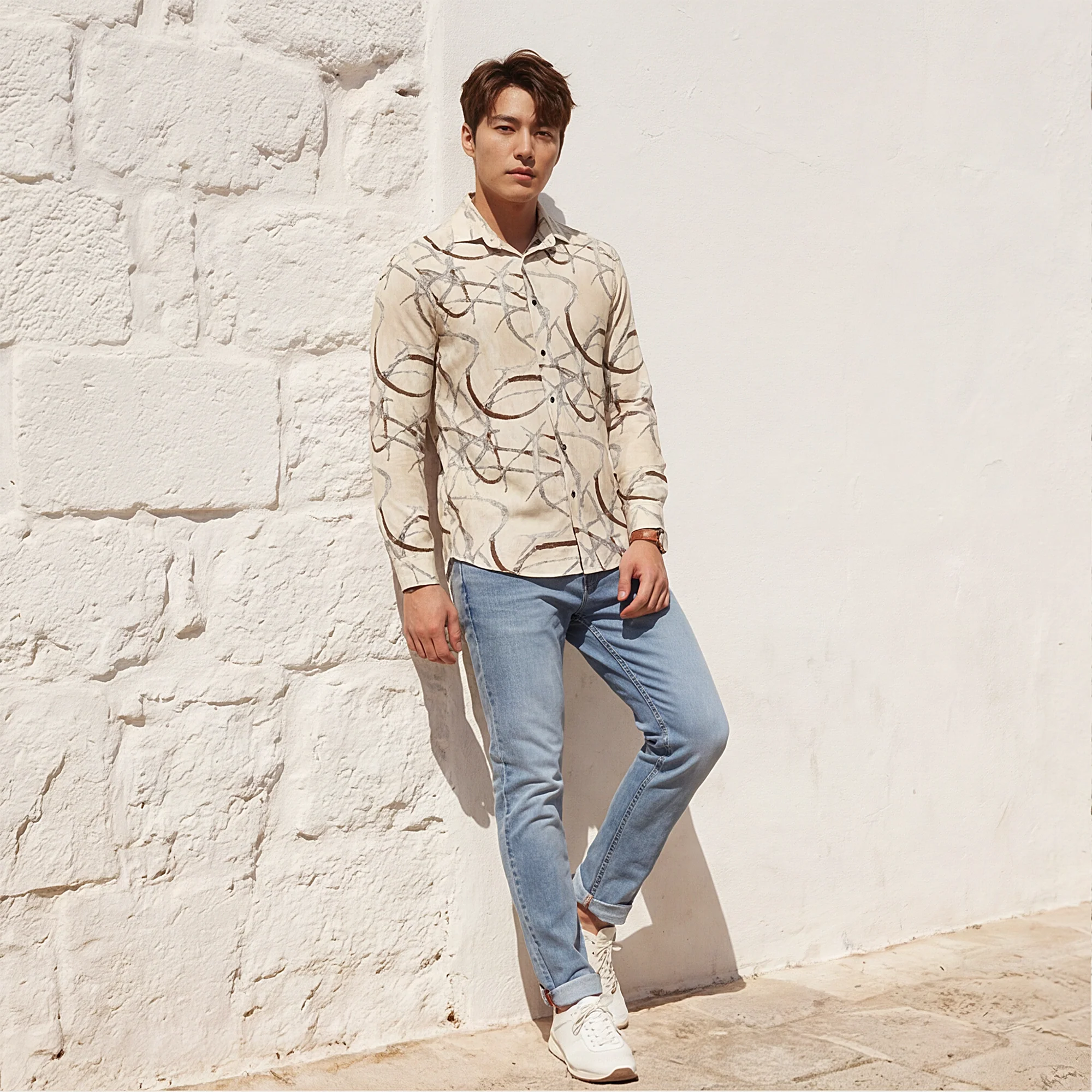 Full Sleeves Slim Fit Beige Abstract Linear Print Shirt