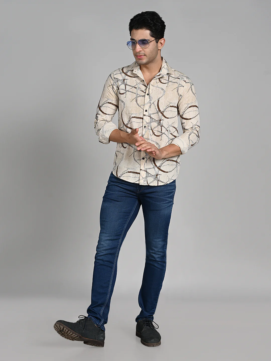 Full Sleeves Slim Fit Beige Abstract Linear Print Shirt - Image 3