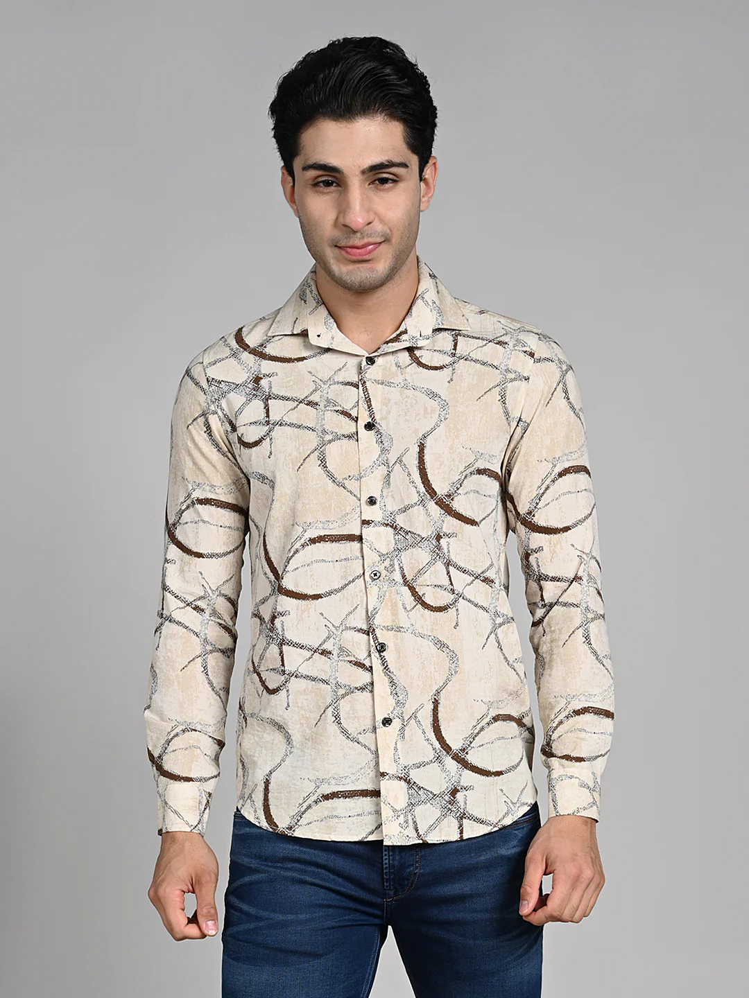 Full Sleeves Slim Fit Beige Abstract Linear Print Shirt - Image 4