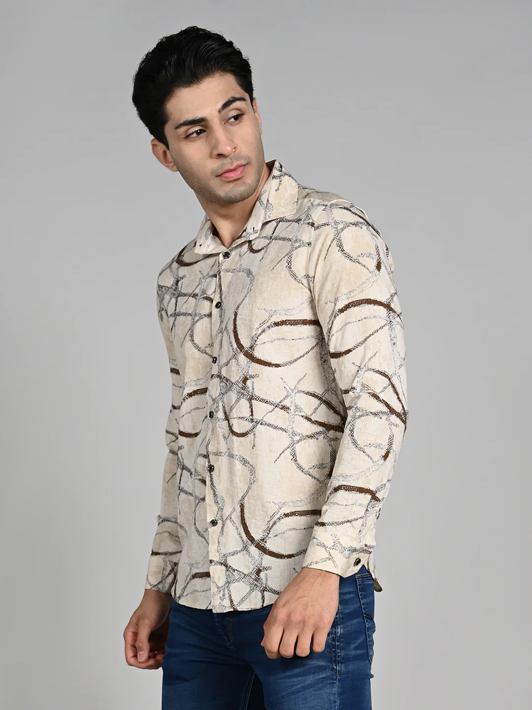 Full Sleeves Slim Fit Beige Abstract Linear Print Shirt - Image 5