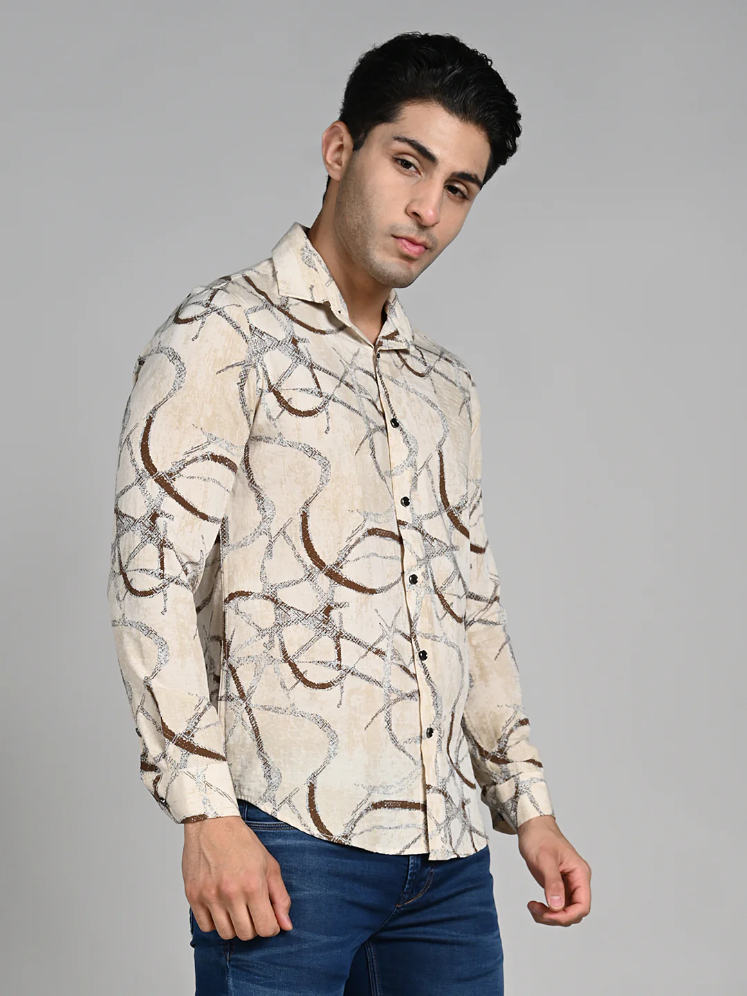Full Sleeves Slim Fit Beige Abstract Linear Print Shirt - Image 6