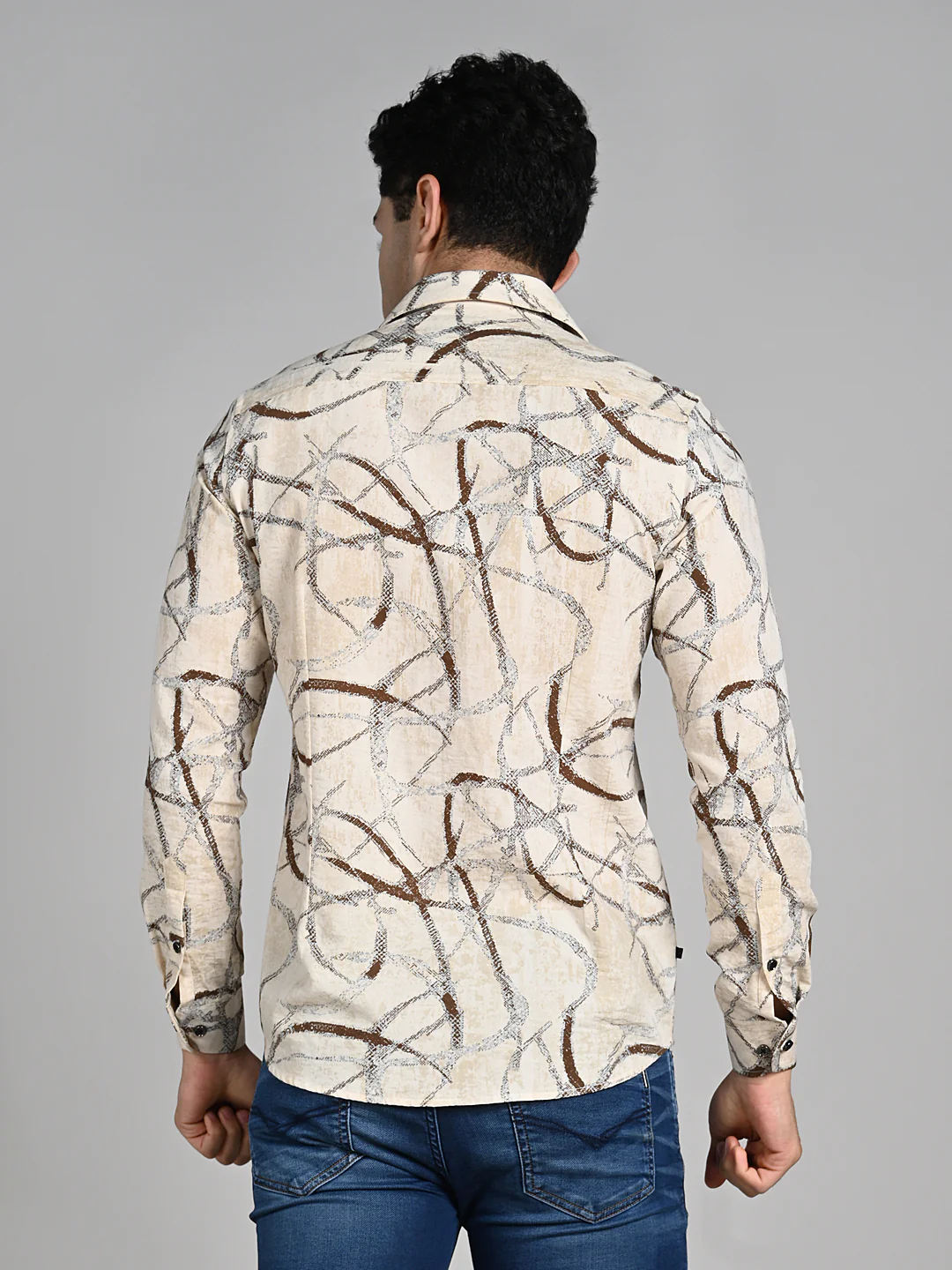 Full Sleeves Slim Fit Beige Abstract Linear Print Shirt - Image 7