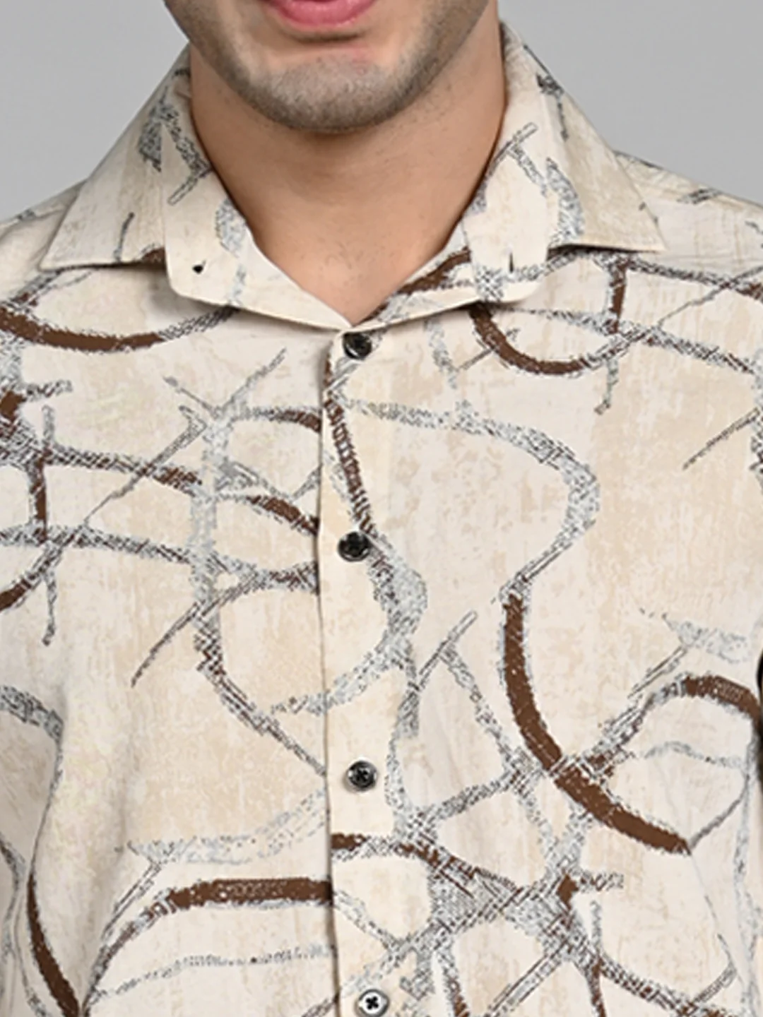 Full Sleeves Slim Fit Beige Abstract Linear Print Shirt - Image 8