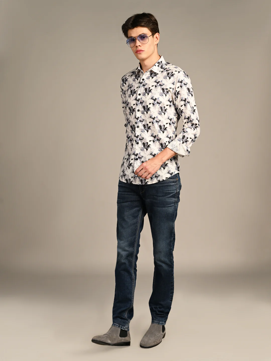 Full sleeves Slim Fit Cream All-Over Floral Dobby Textured Print Shirt - Image 3